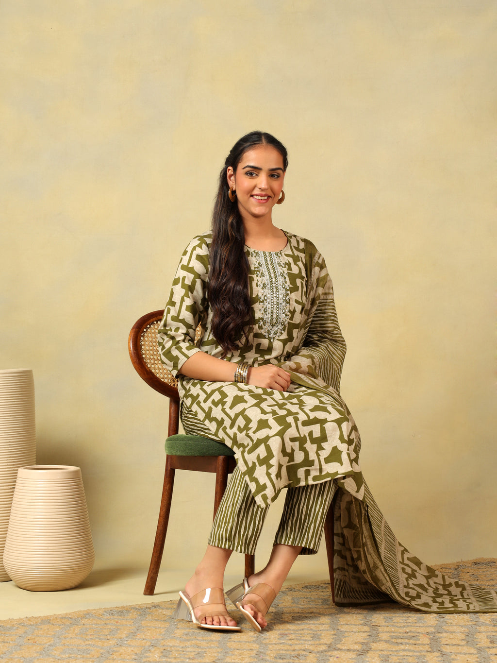 Vaani Olive Abstract Suit Set