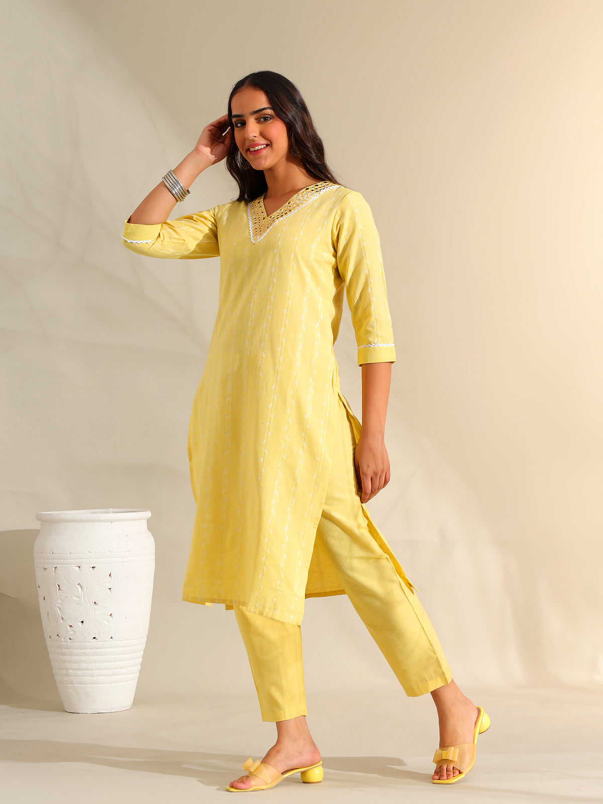 Zoya Lemon Zari Stripe Kurta-Set