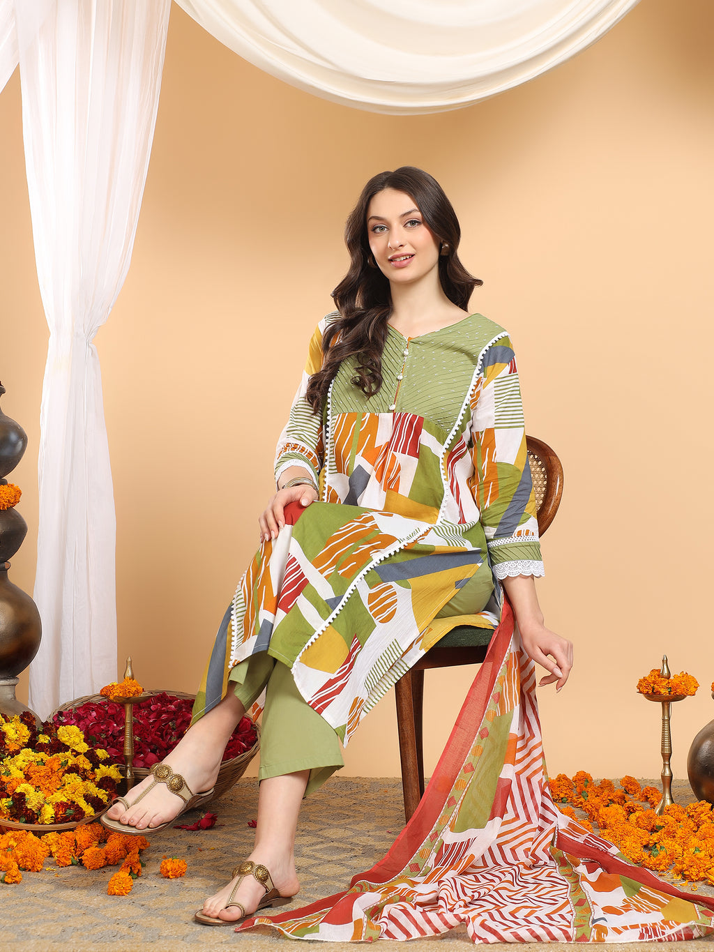 Navya Olive Geometric Fusion Set