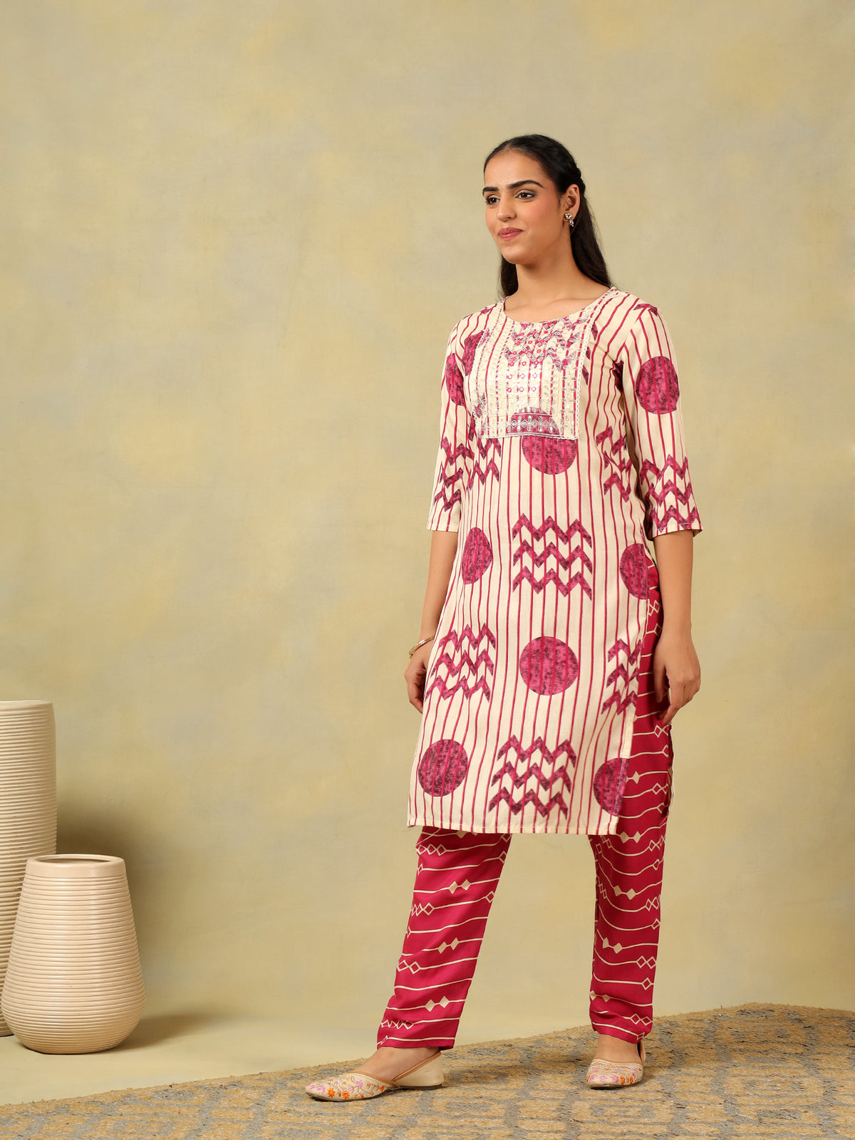Diya Crimson Geometric Block Print Suit Set