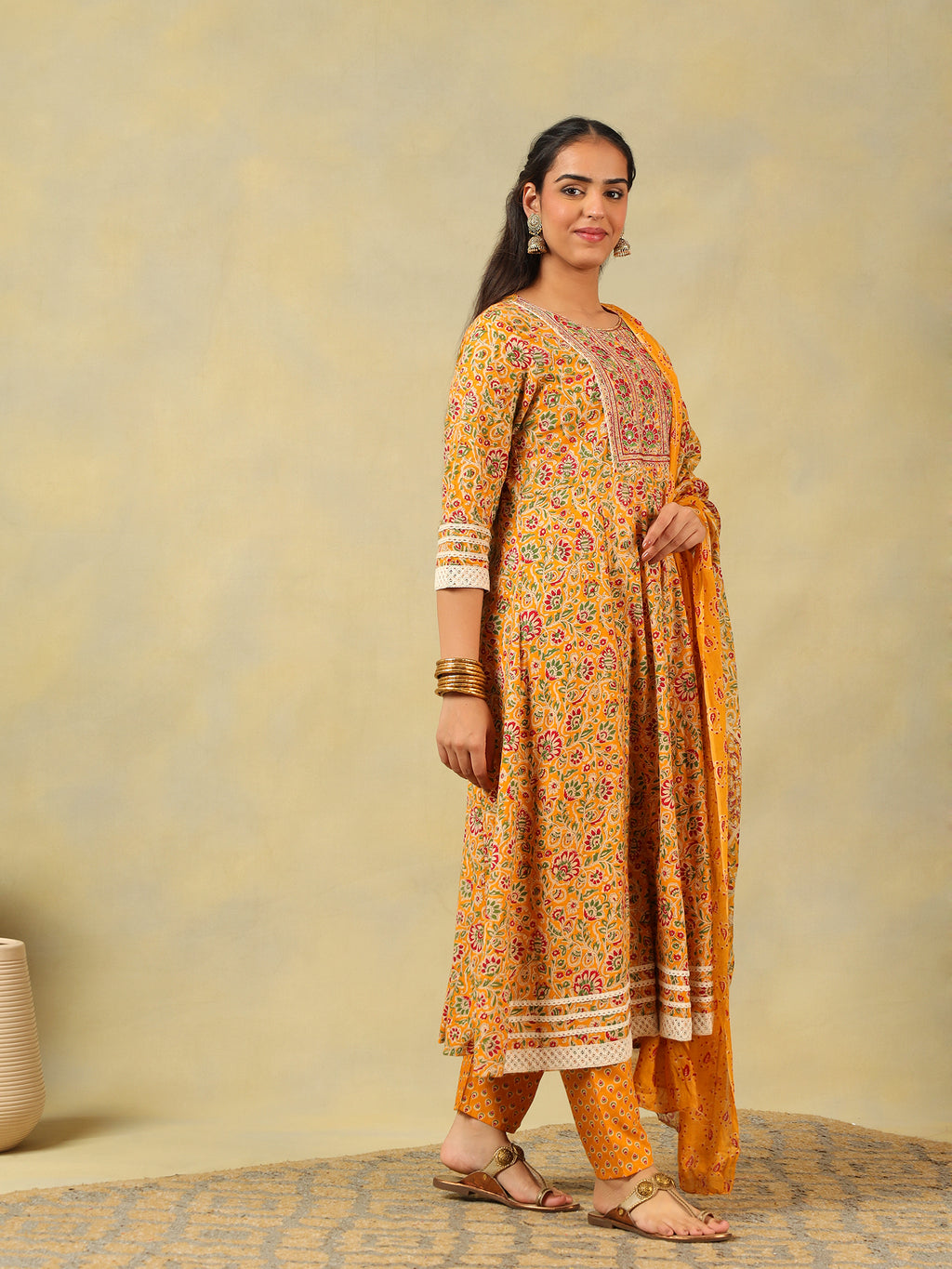 Amara Mustard Floral Anarkali Suit Set