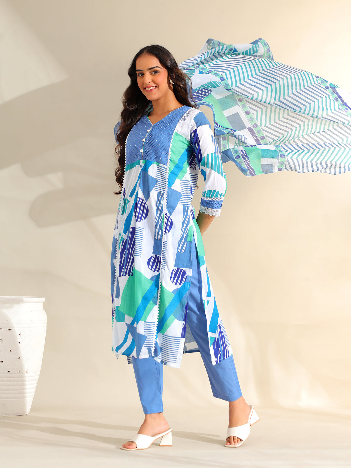 Rhea Azure Geometric Fusion Suit Set