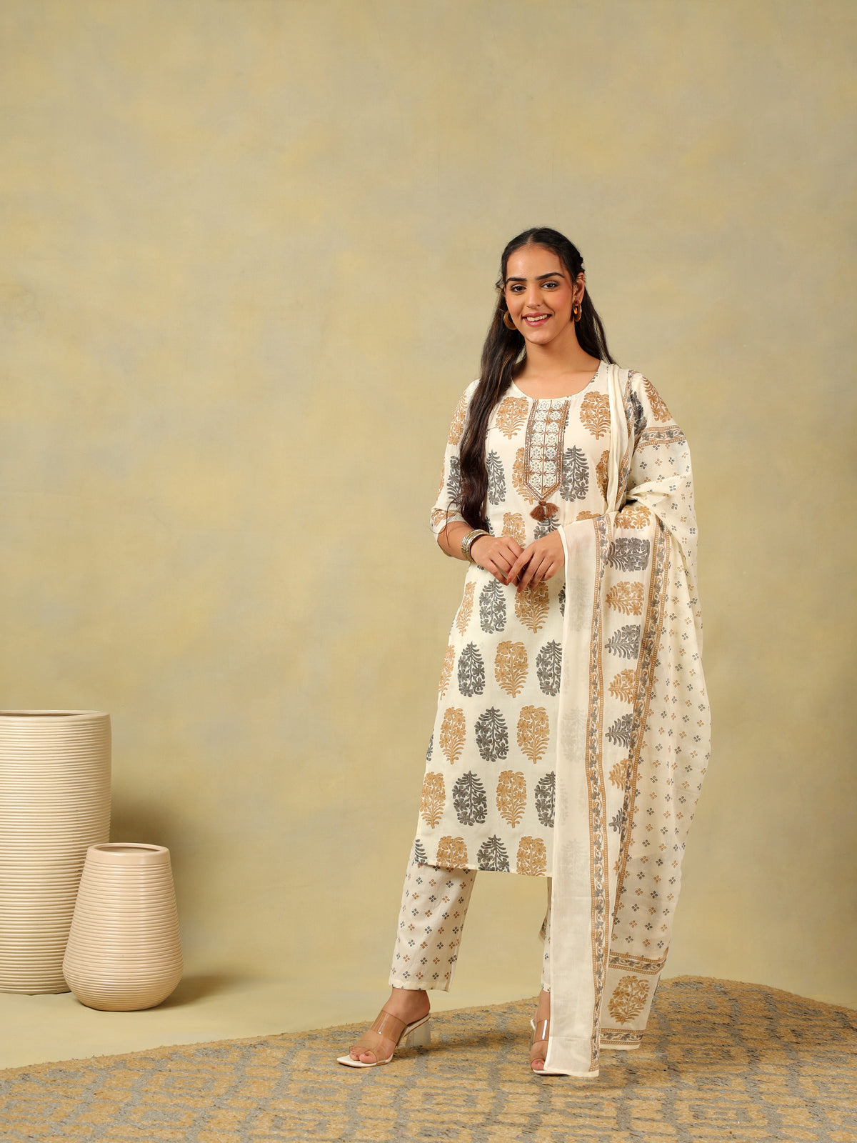 Mihika Pine & Ochre Block Print Suit Set