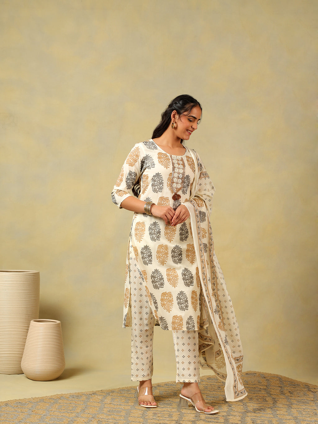 Mihika Pine & Ochre Block Print Suit Set
