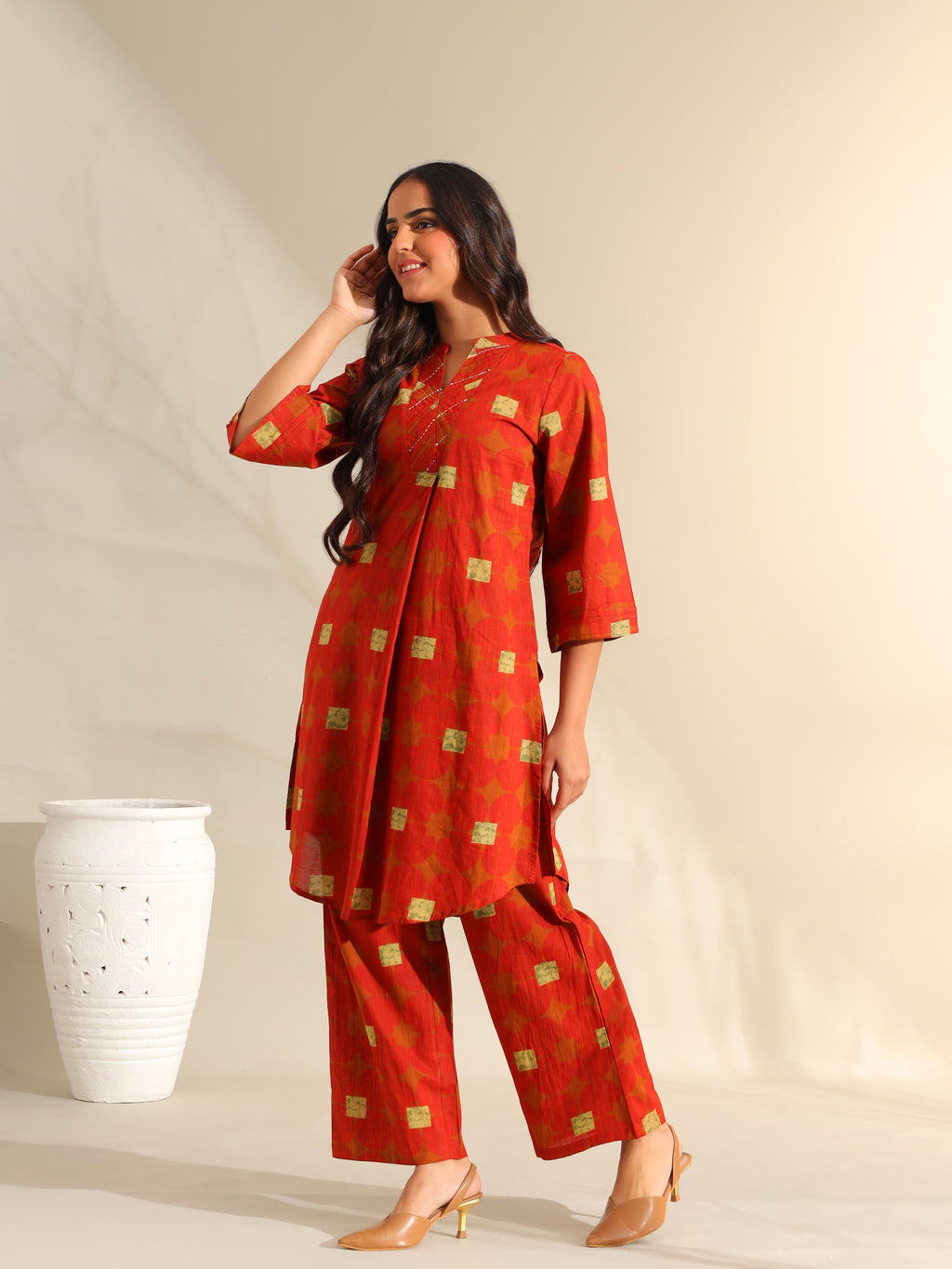 Reva Rust Geometric Kurta Set