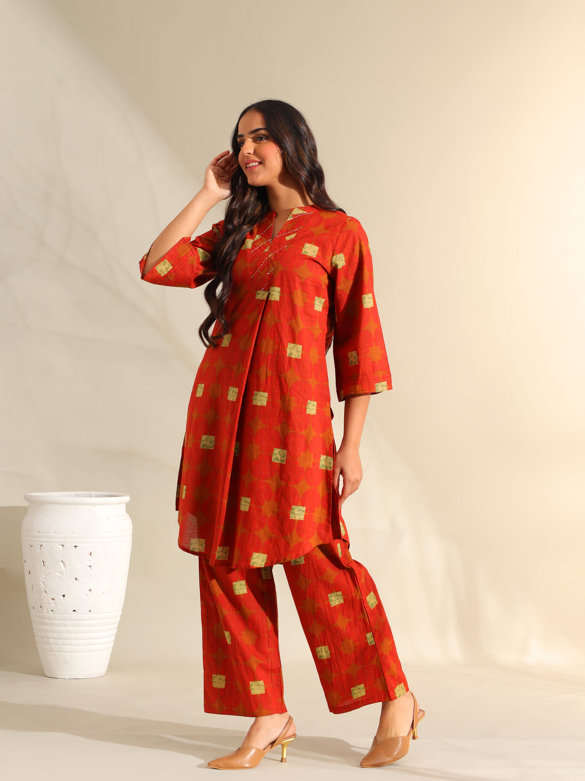 Reva Rust Geometric Kurta Set