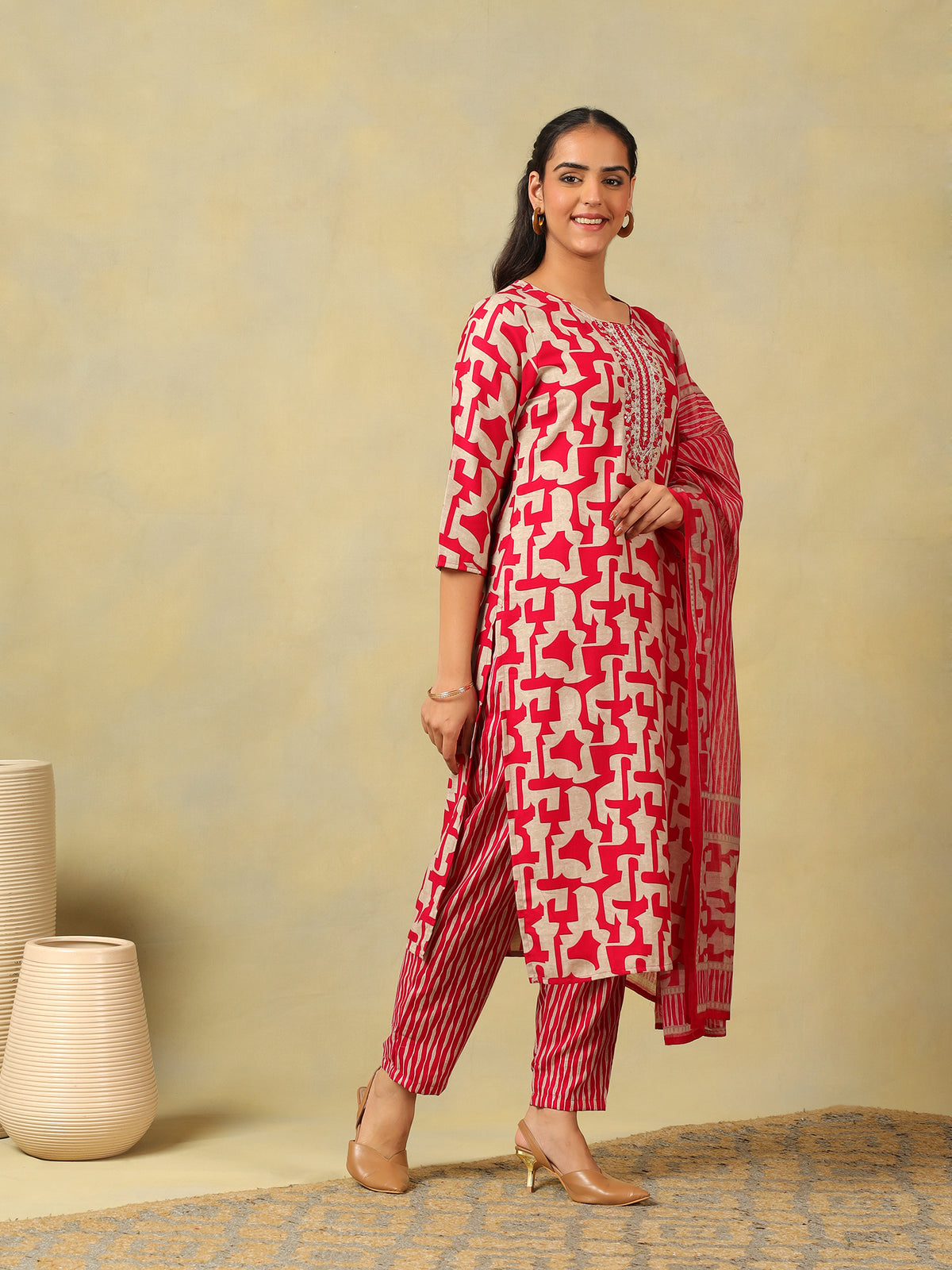 Sanaya Deep Rose Abstract Suit Set