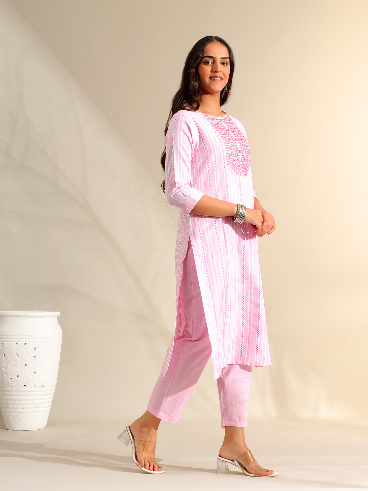 Ananya Pink Zari Stripe Kurta-Set