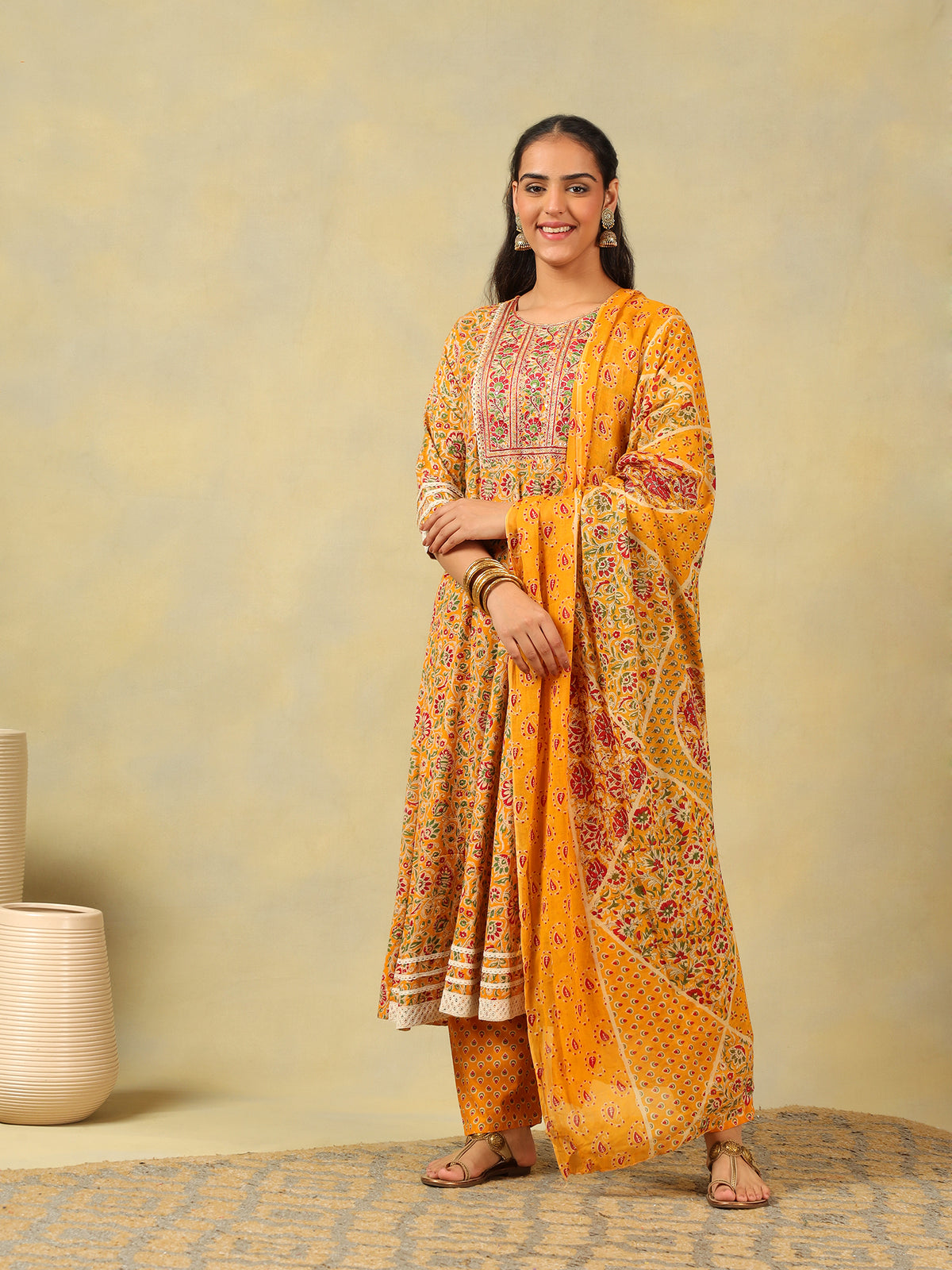 Amara Mustard Floral Anarkali Suit Set