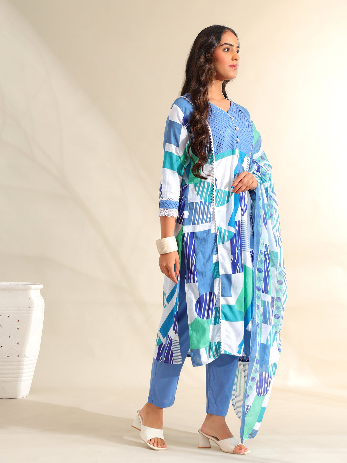 Rhea Azure Geometric Fusion Suit Set