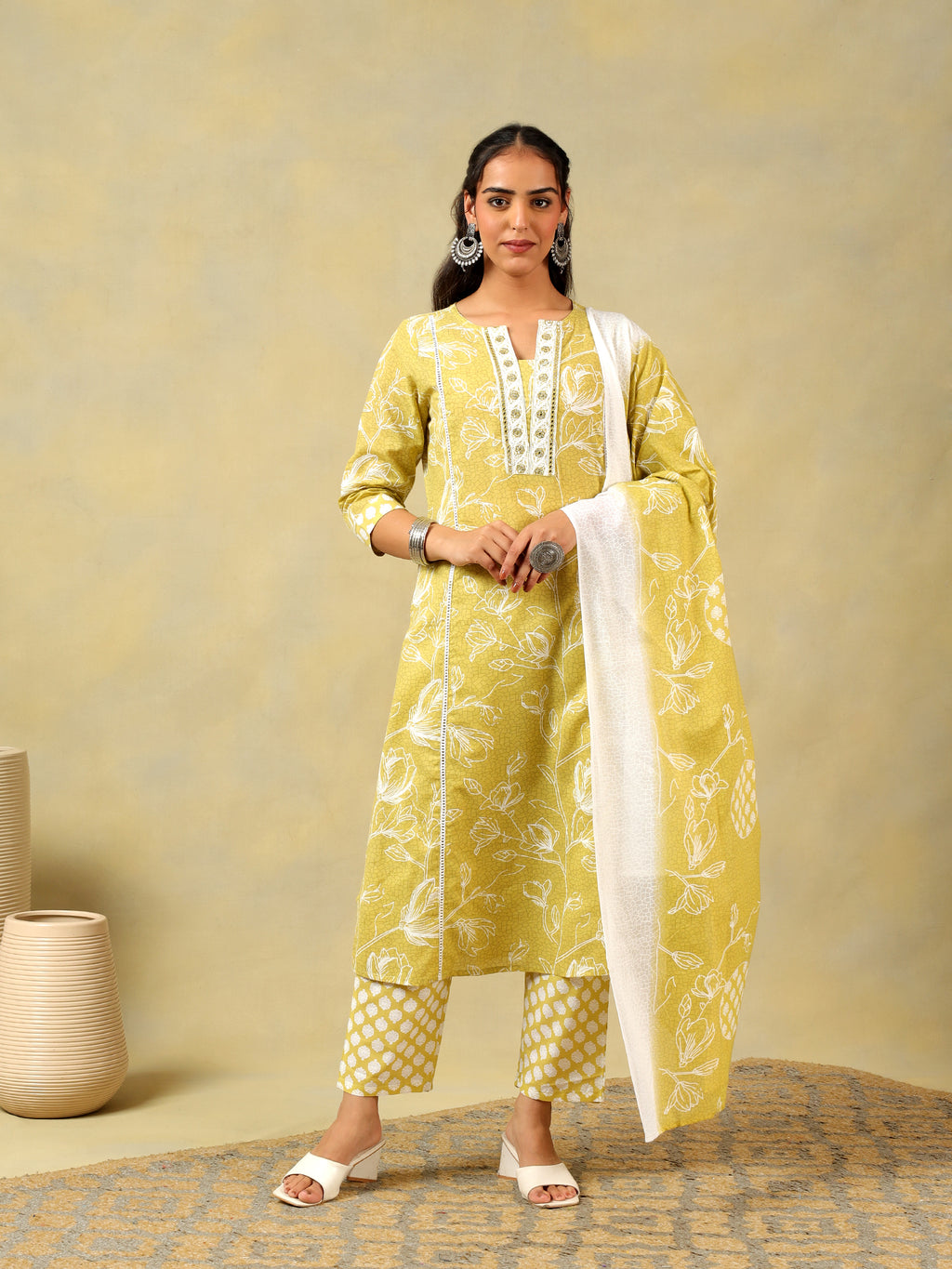 edika Olive-Lime Floral Suit Set
