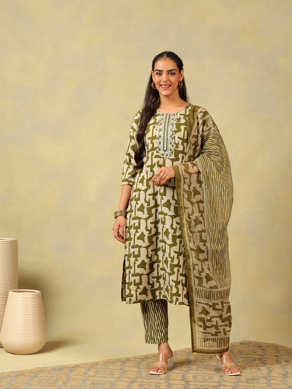 Vaani Olive Abstract Suit Set