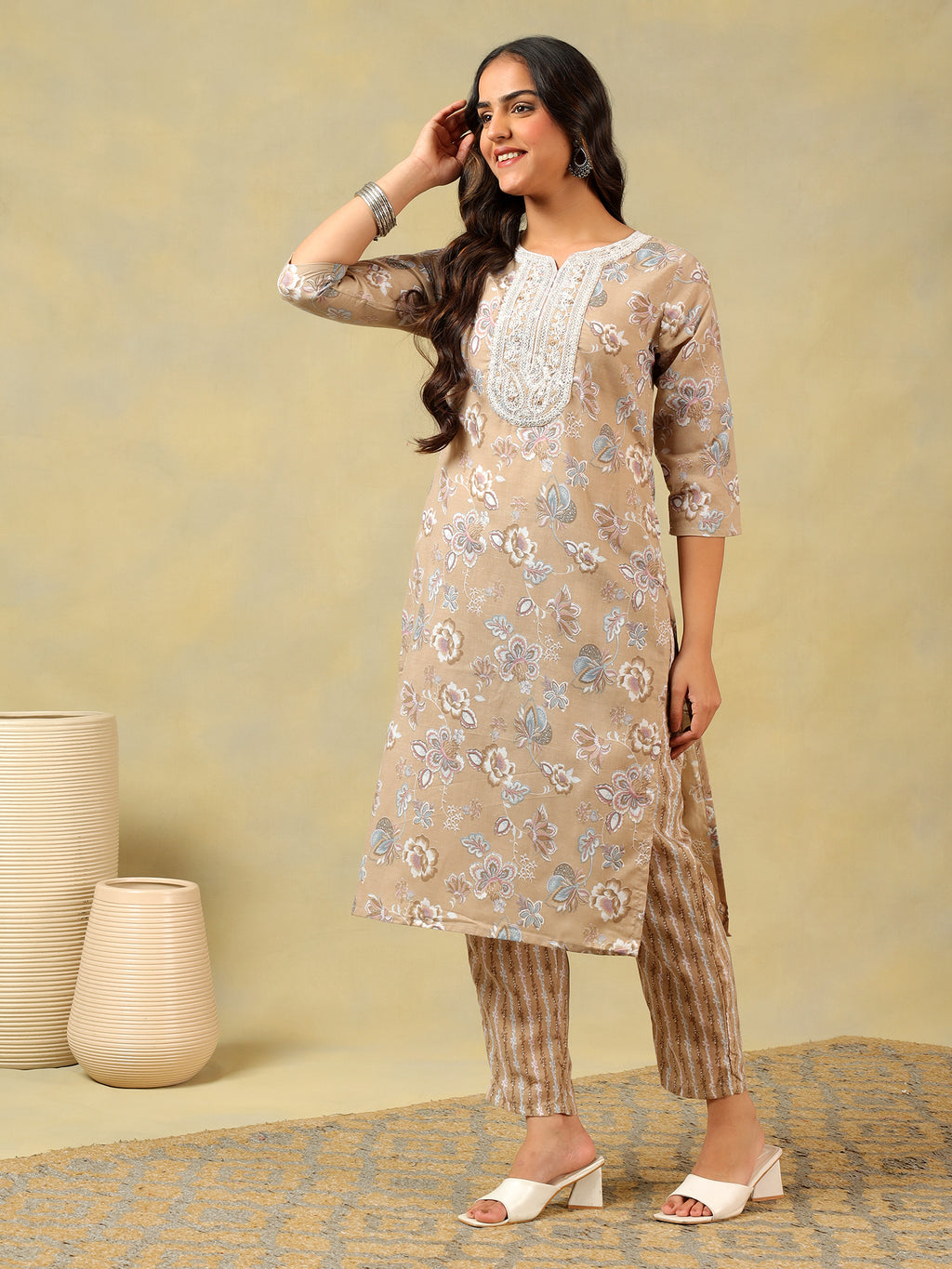 Aradhya Taupe Floral Suit Set