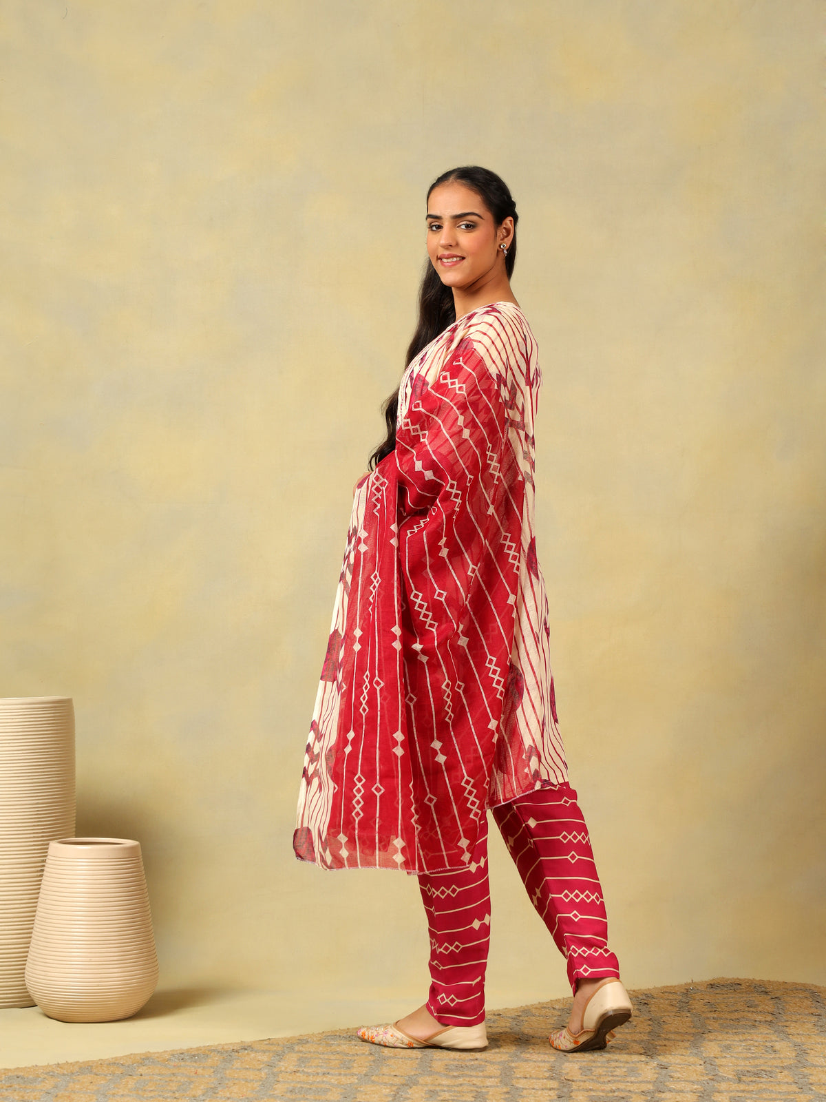 Diya Crimson Geometric Block Print Suit Set