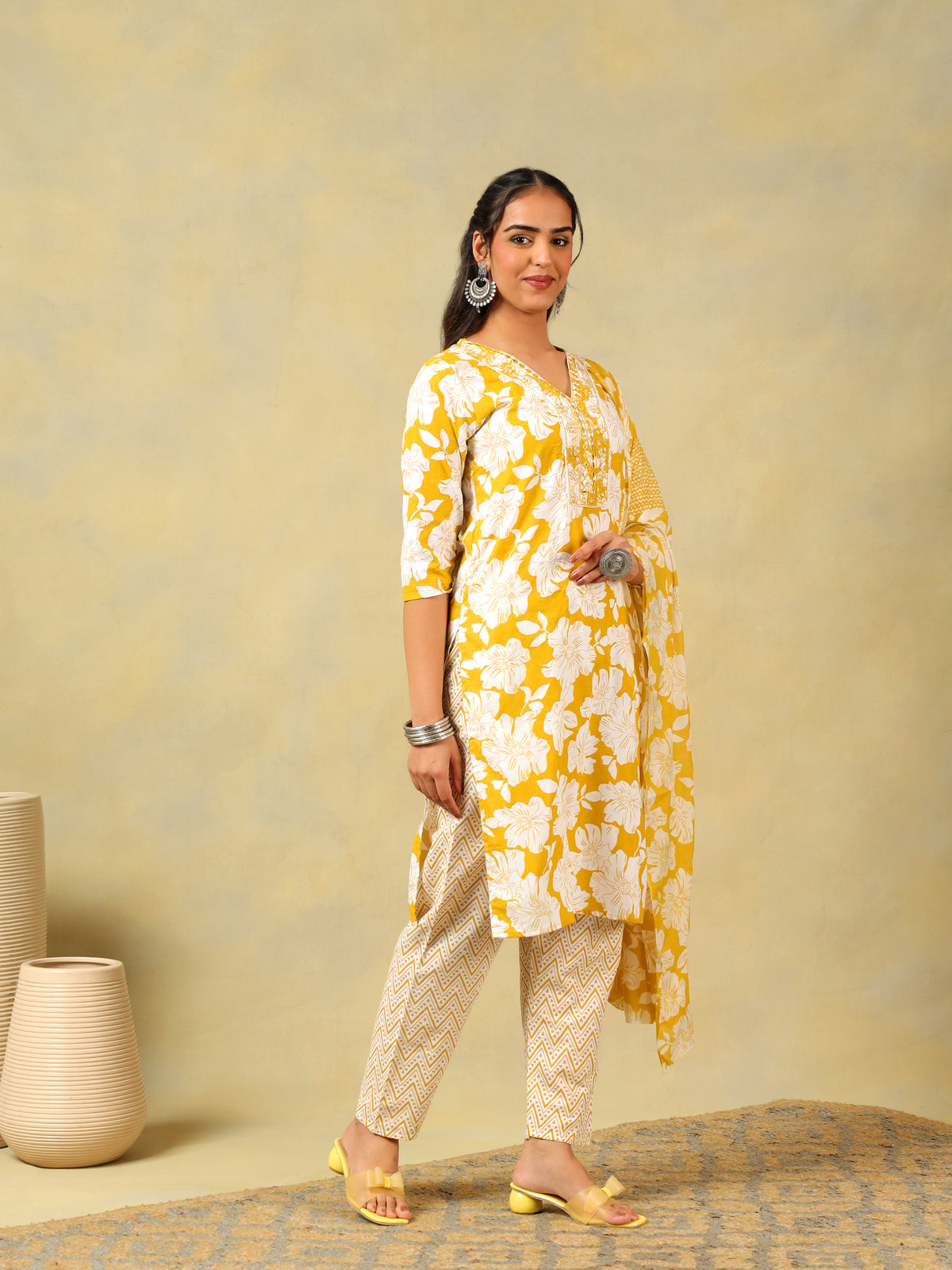 Nitara Mustard Lily Motif Kurta Set
