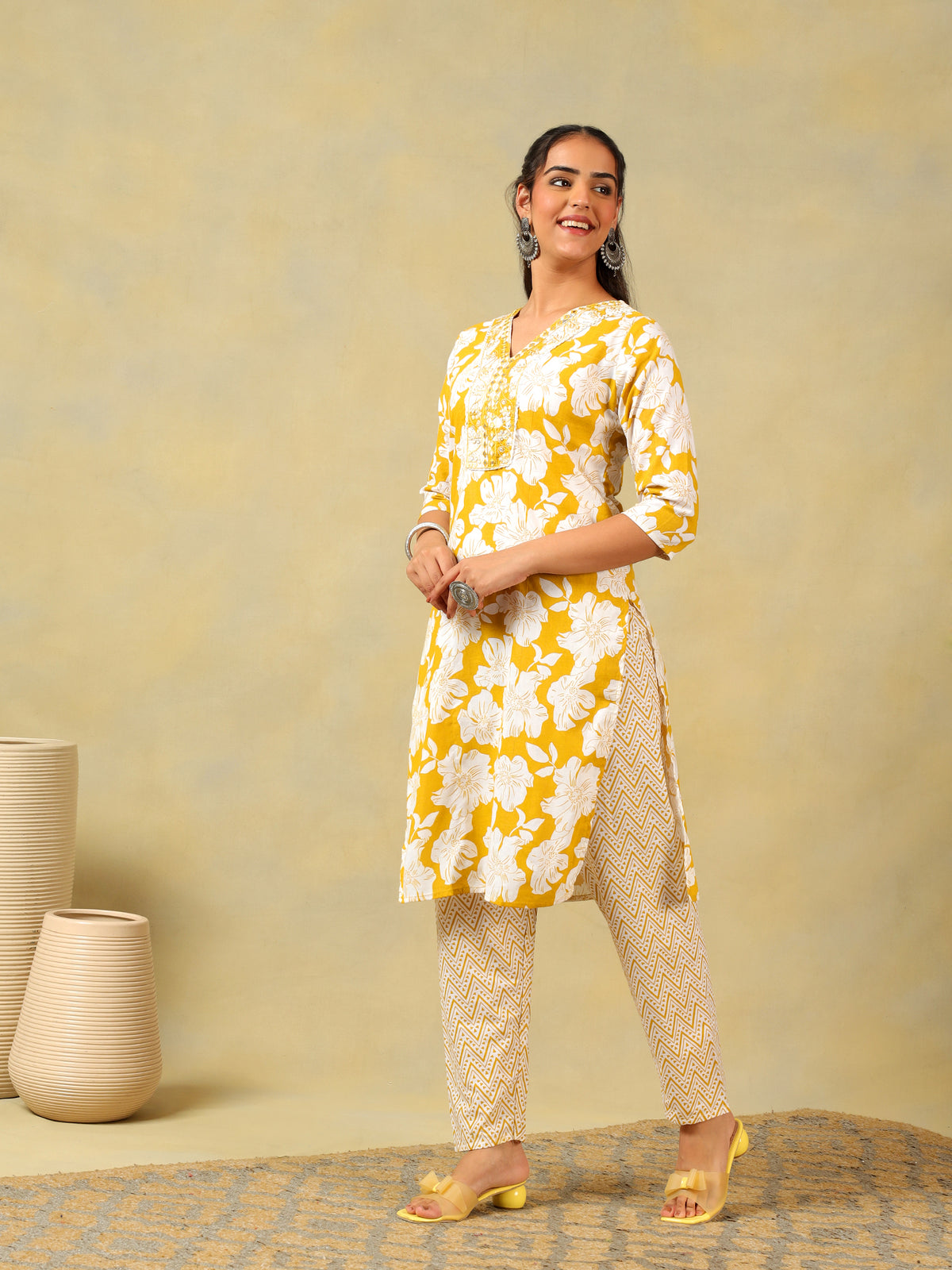 Nitara Mustard Lily Motif Kurta Set