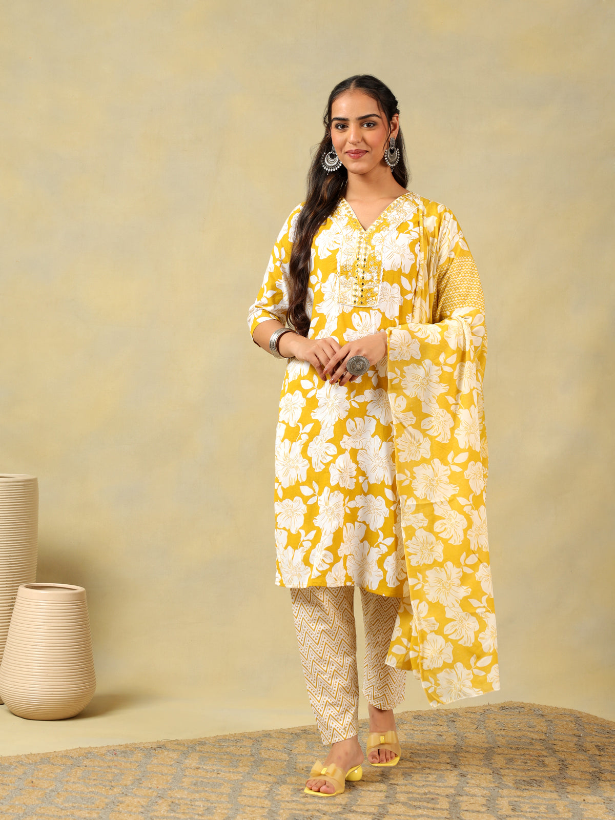 Nitara Mustard Lily Motif Kurta Set