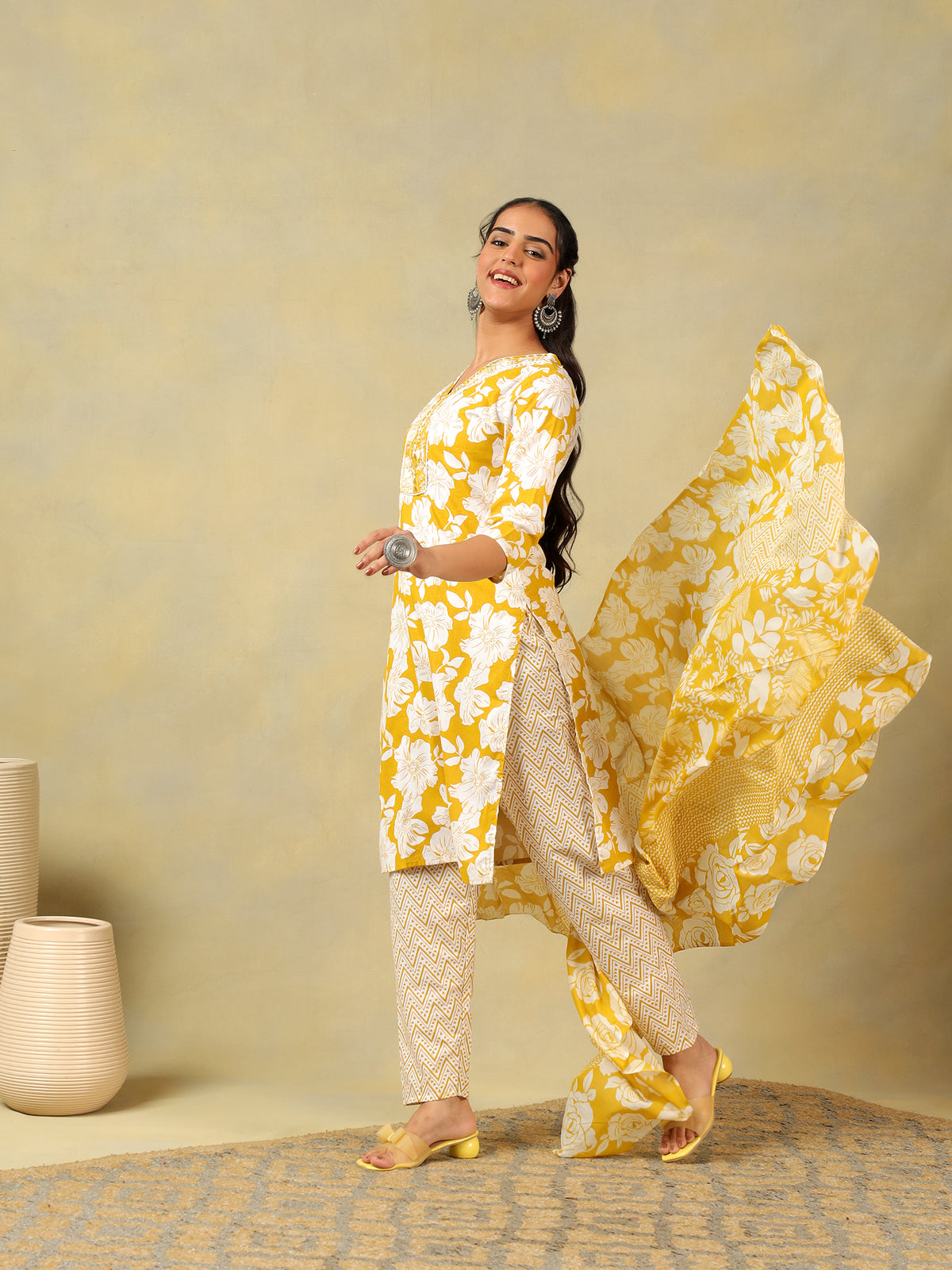 Nitara Mustard Lily Motif Kurta Set