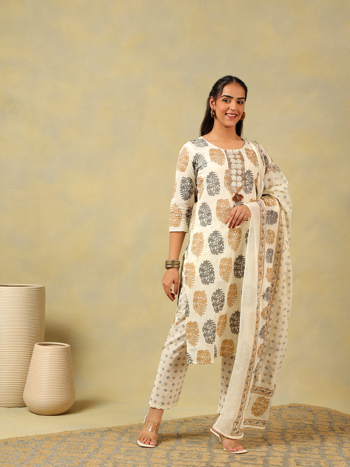 Mihika Pine & Ochre Block Print Suit Set
