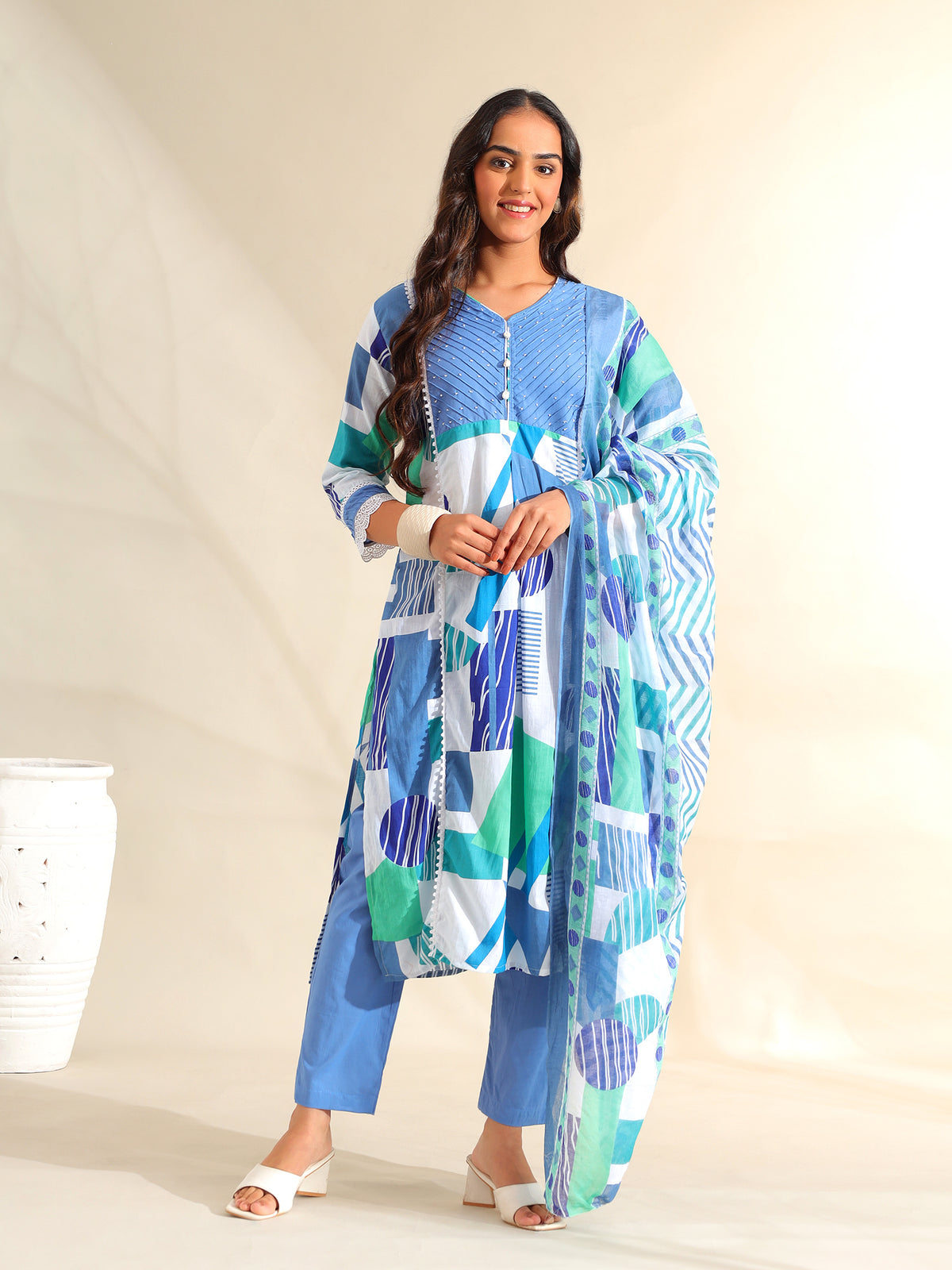 Rhea Azure Geometric Fusion Suit Set
