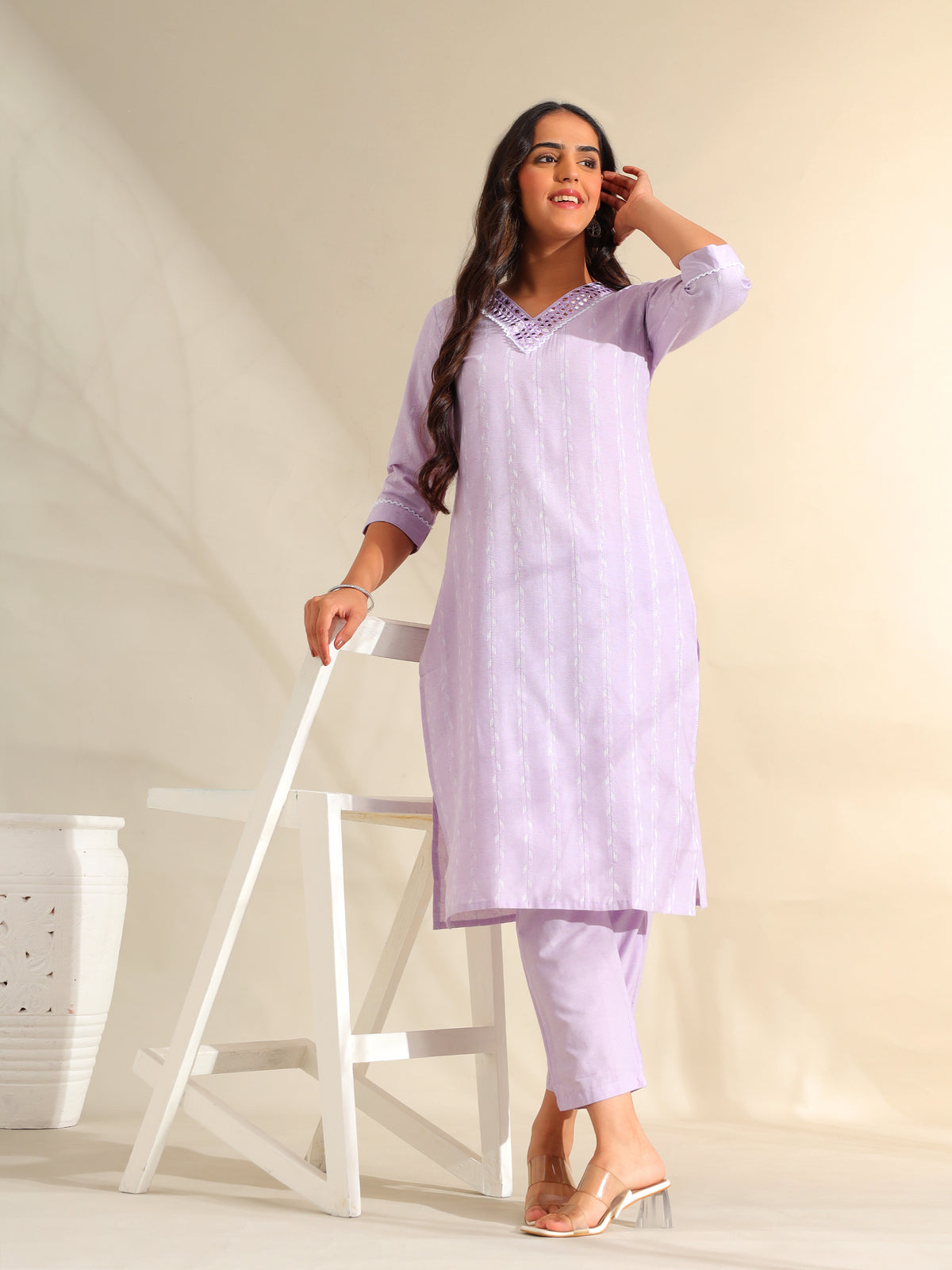 Sia Lavender Zari Stripe Kurta-Set