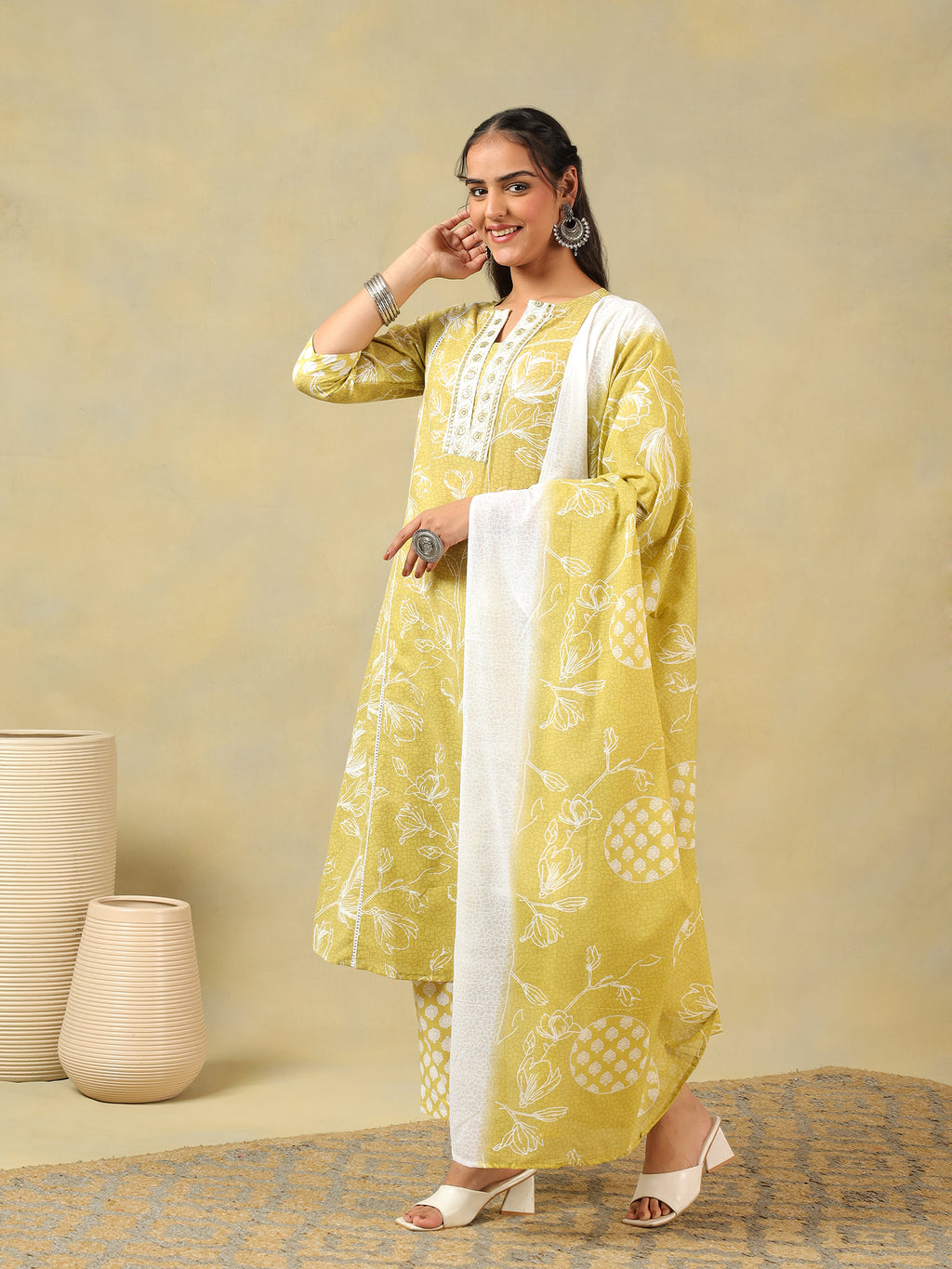 edika Olive-Lime Floral Suit Set