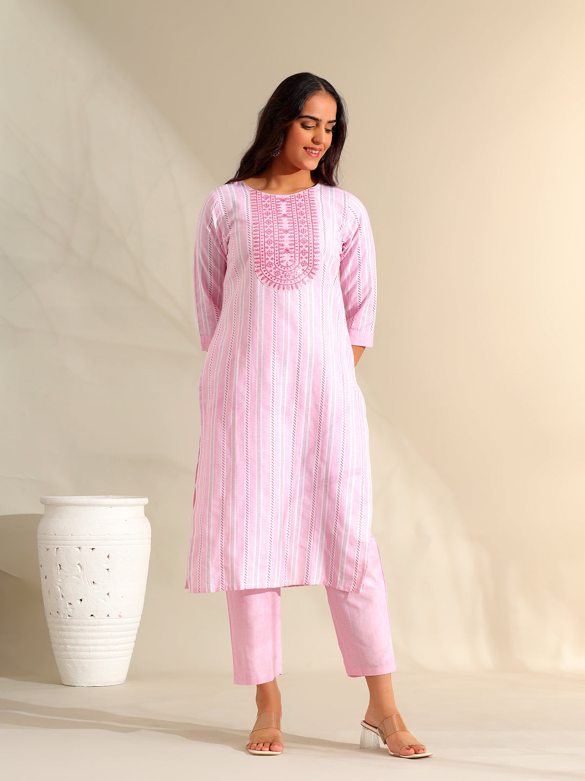 Ananya Pink Zari Stripe Kurta-Set