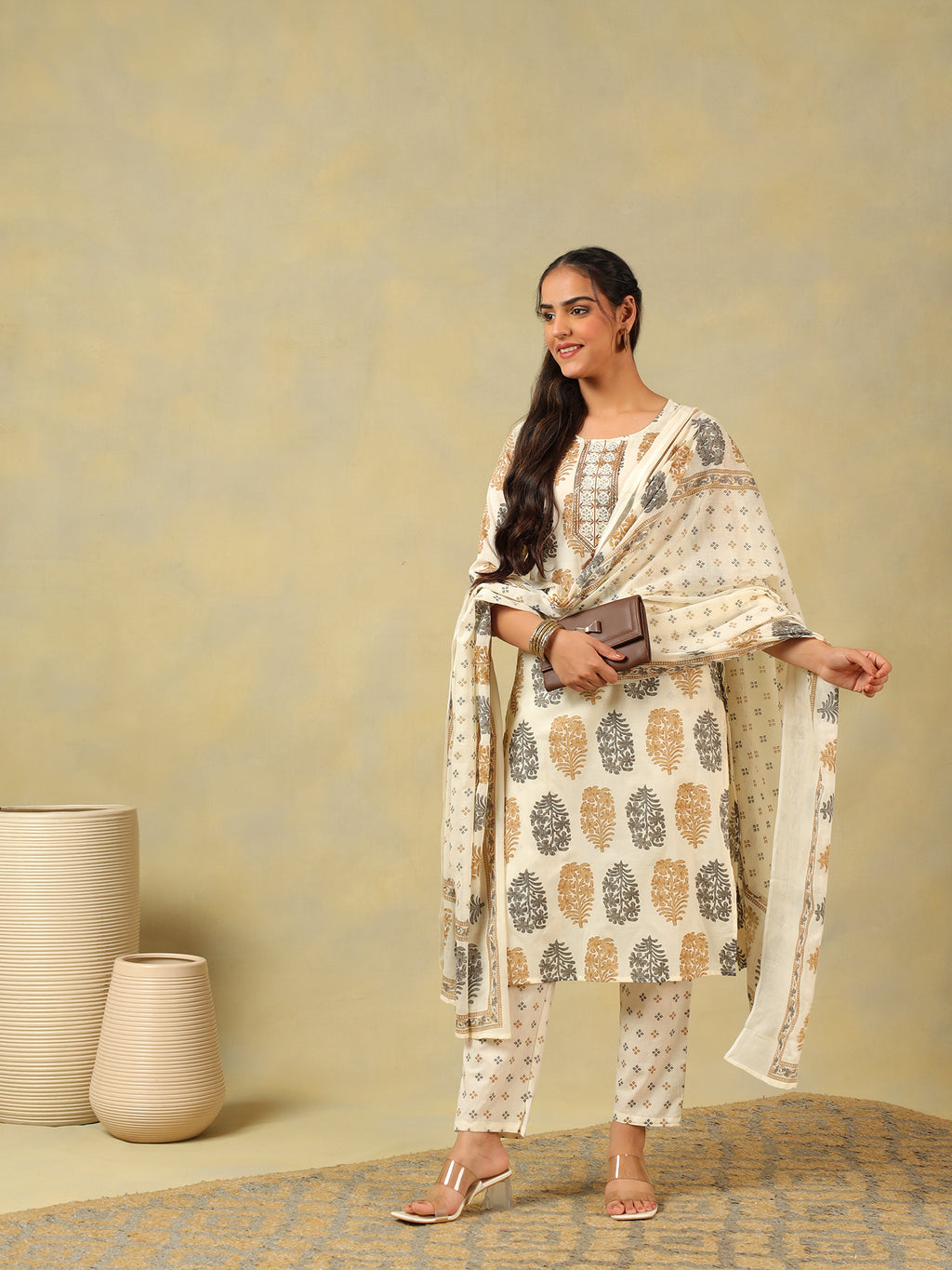 Mihika Pine & Ochre Block Print Suit Set