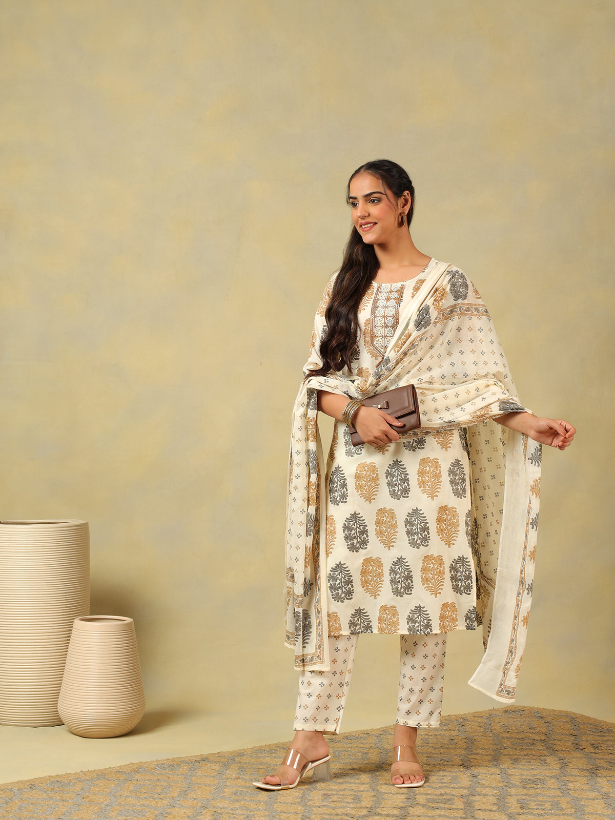 Mihika Pine & Ochre Block Print Suit Set