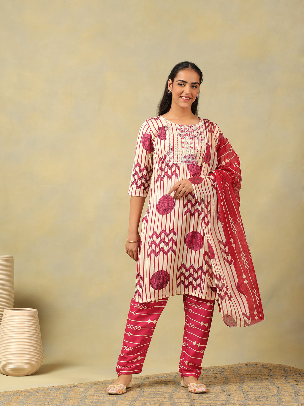 Diya Crimson Geometric Block Print Suit Set