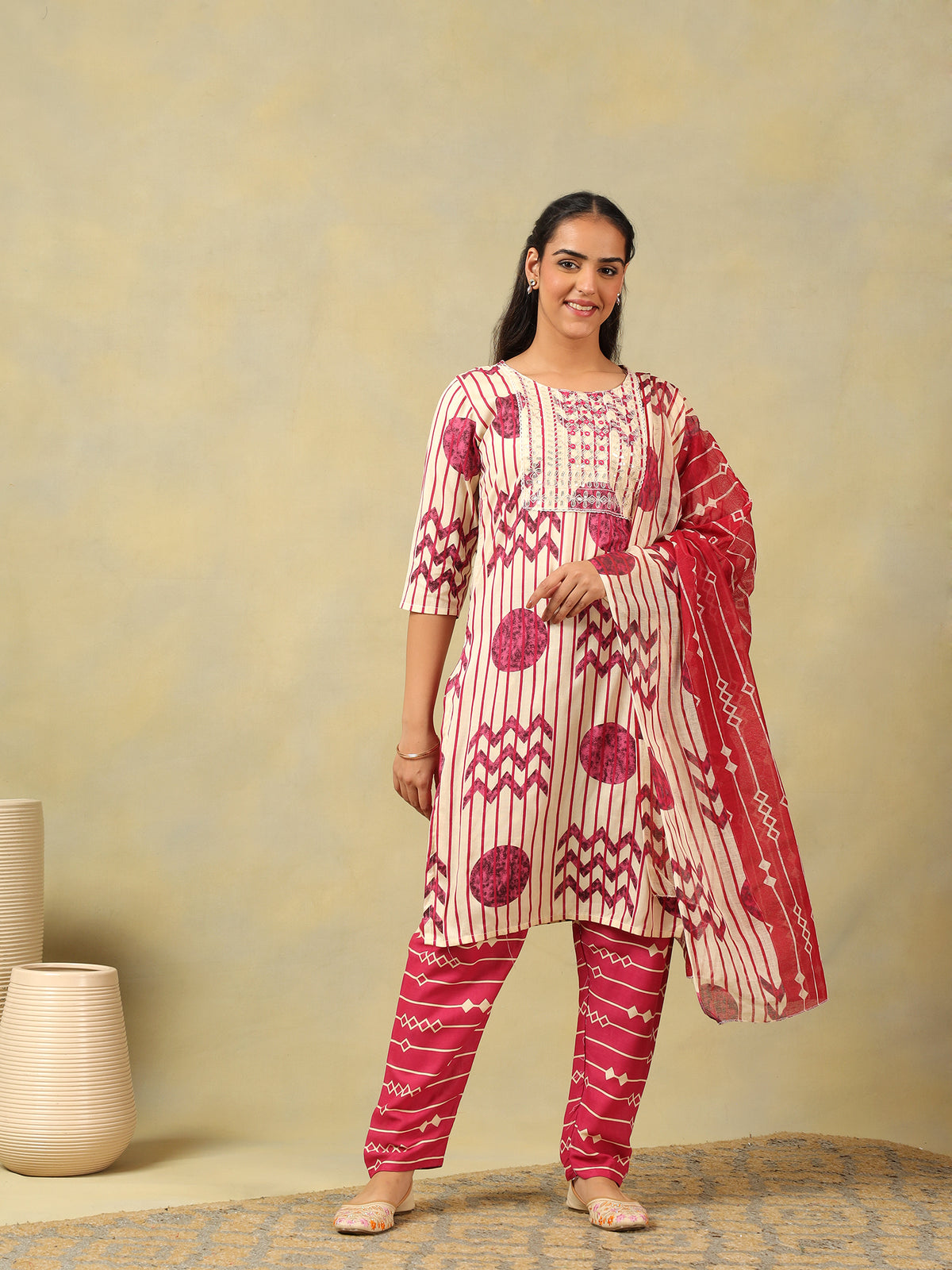 Diya Crimson Geometric Block Print Suit Set