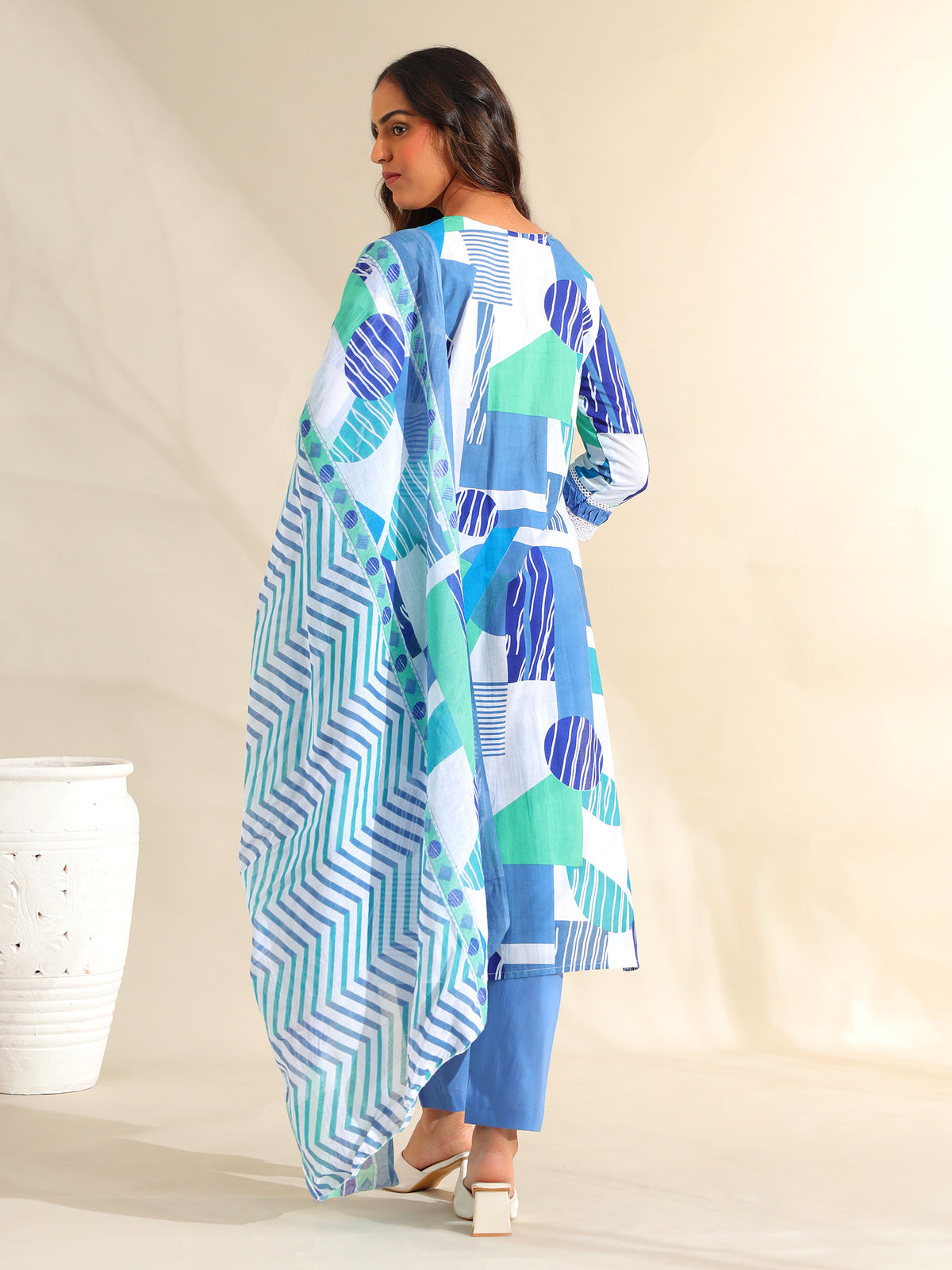 Rhea Azure Geometric Fusion Suit Set