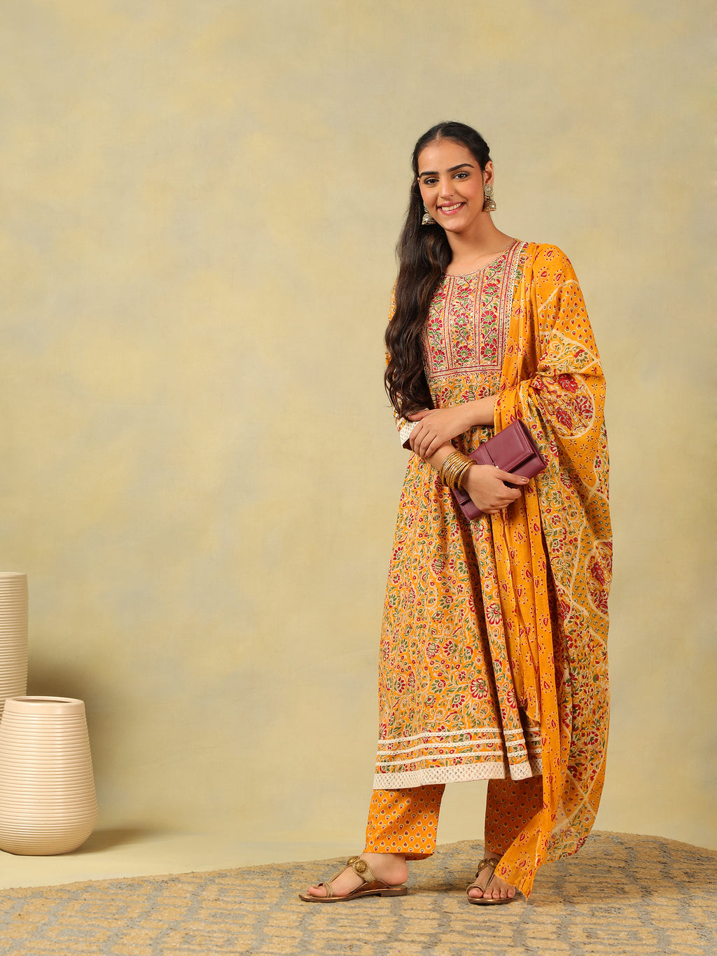 Amara Mustard Floral Anarkali Suit Set