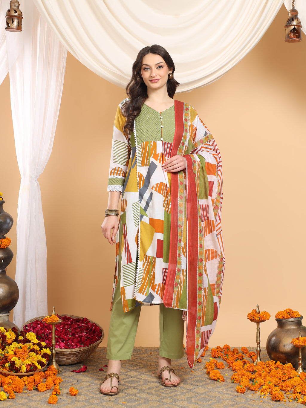 Navya Olive Geometric Fusion Set