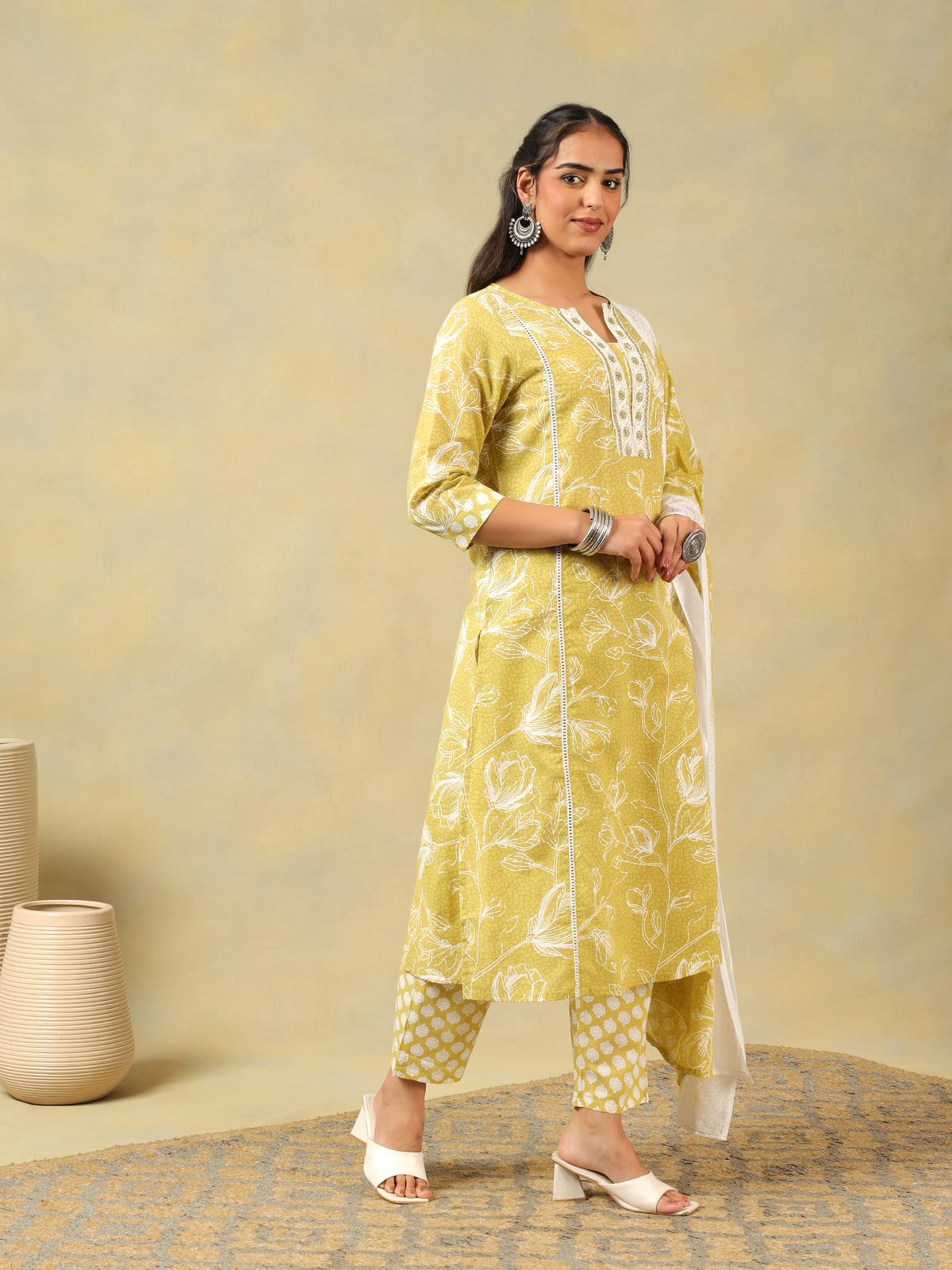 edika Olive-Lime Floral Suit Set