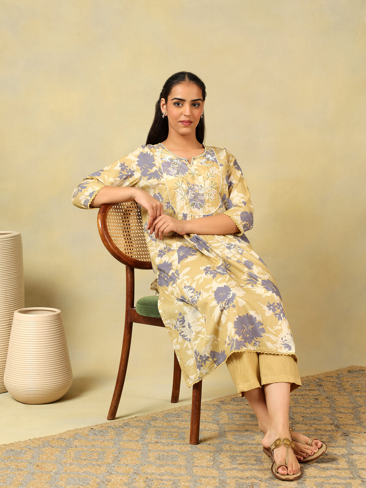 Kimaya Ochre Floral Bloom Kurta-Set