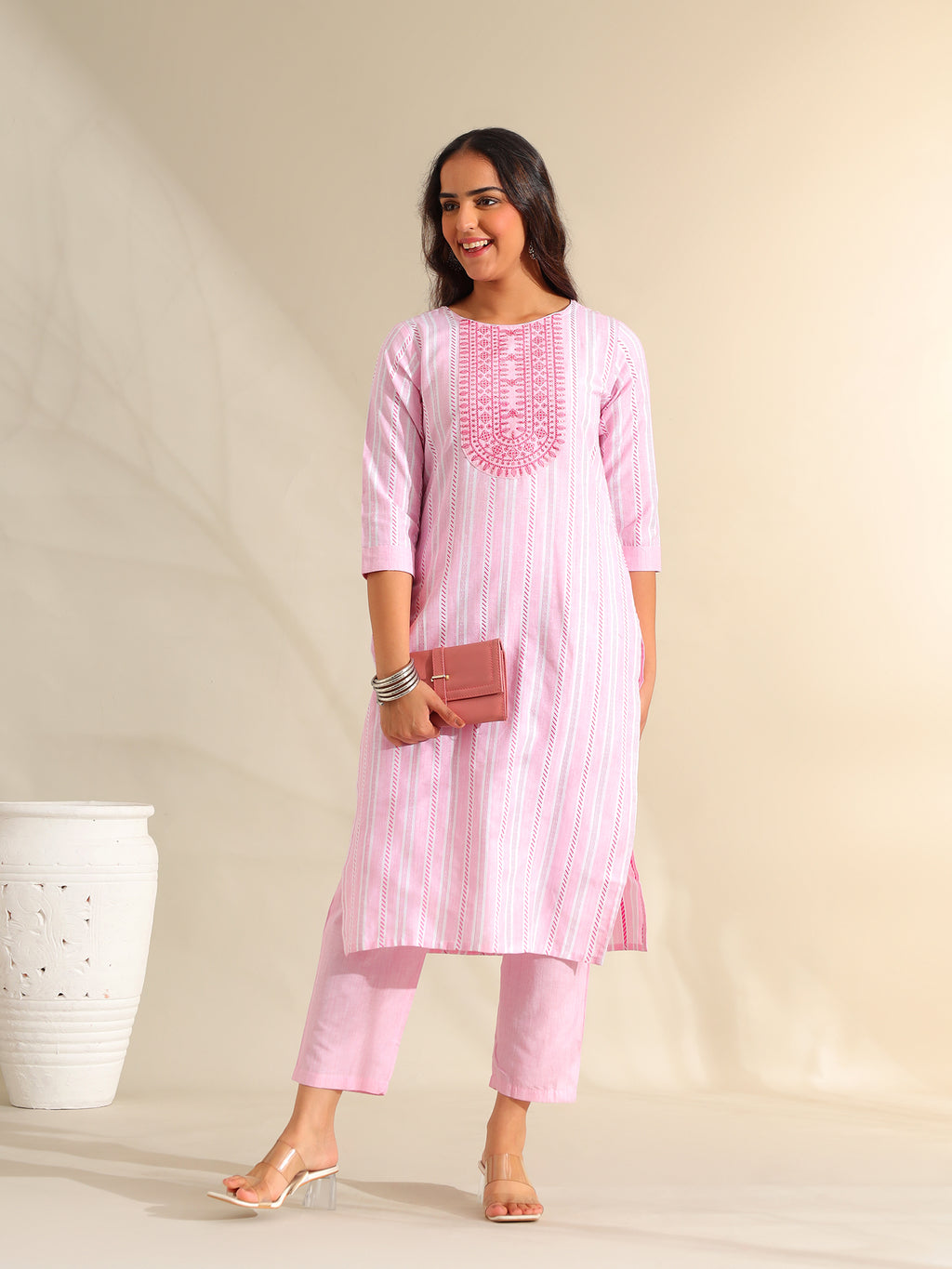 Ananya Pink Zari Stripe Kurta-Set