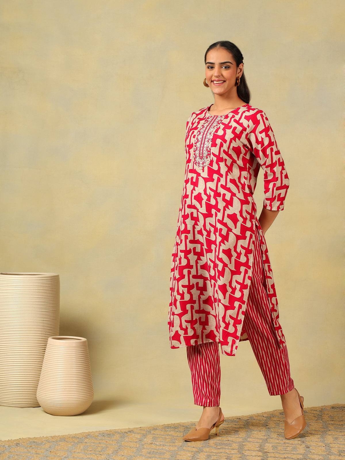 Sanaya Deep Rose Abstract Suit Set