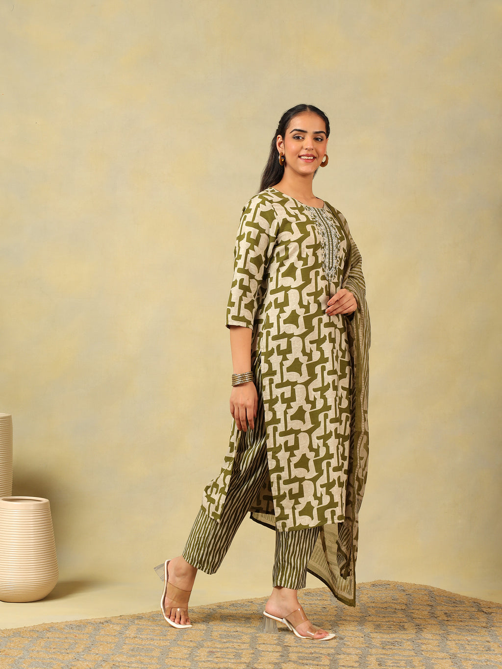 Vaani Olive Abstract Suit Set