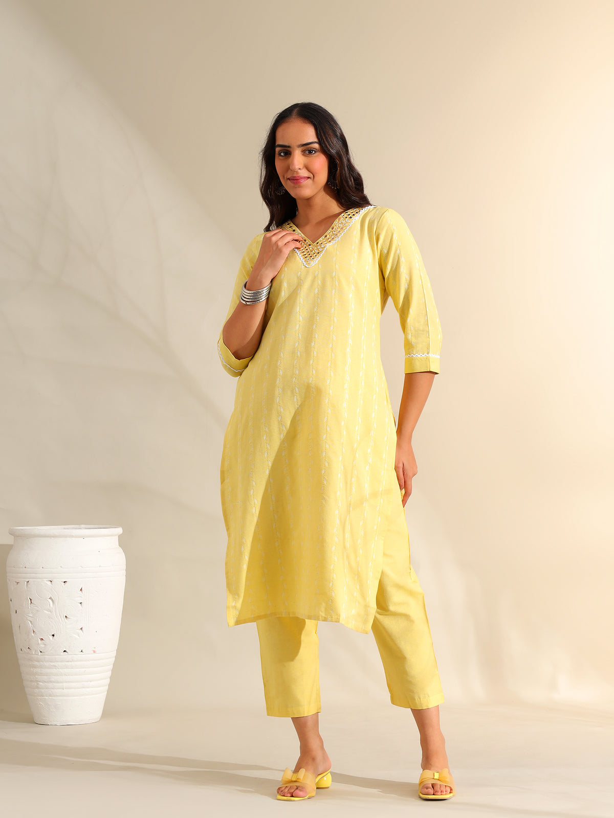 Zoya Lemon Zari Stripe Kurta-Set