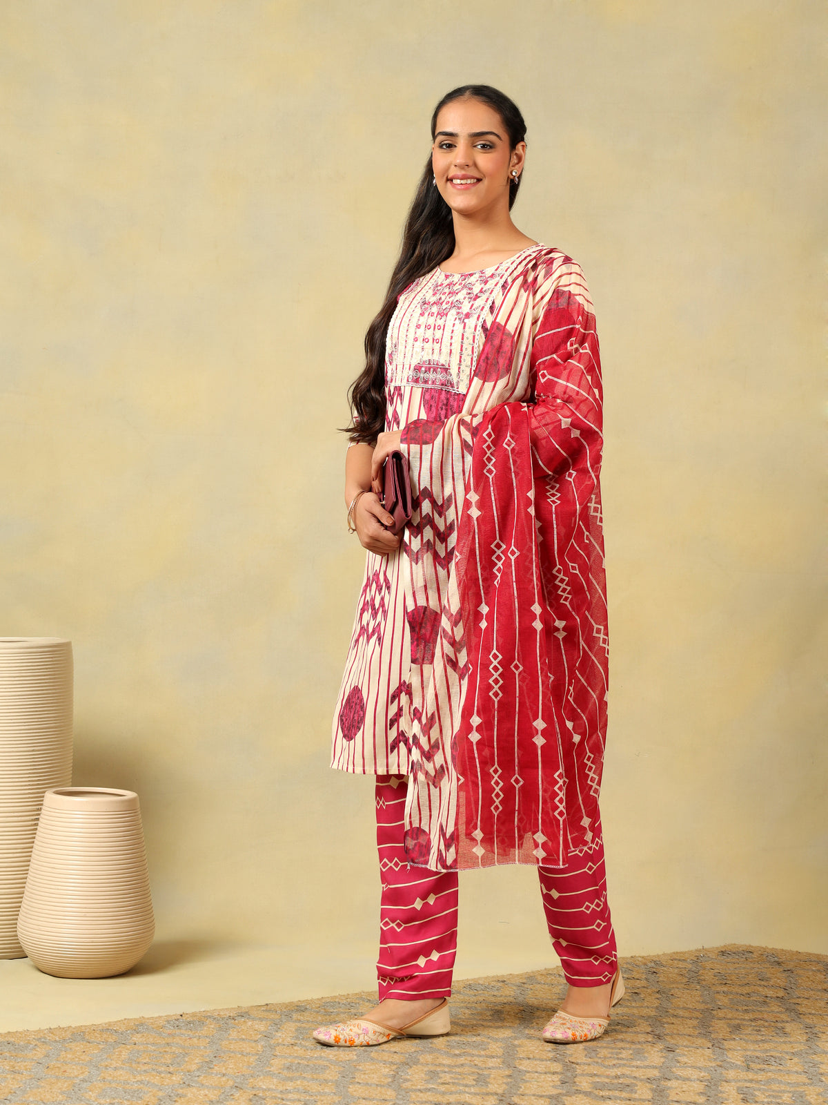 Diya Crimson Geometric Block Print Suit Set