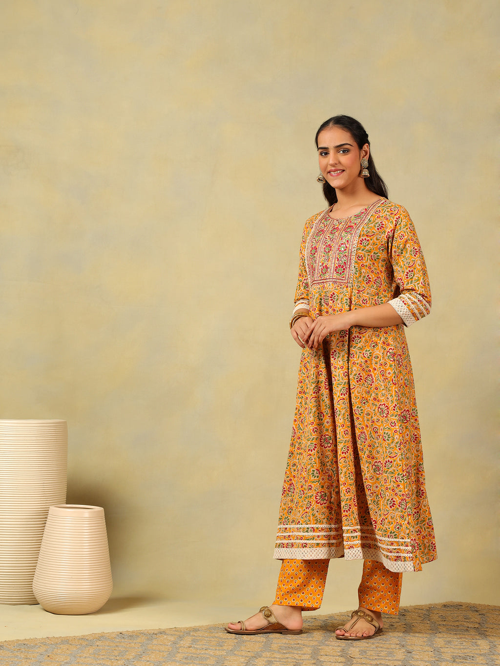 Amara Mustard Floral Anarkali Suit Set
