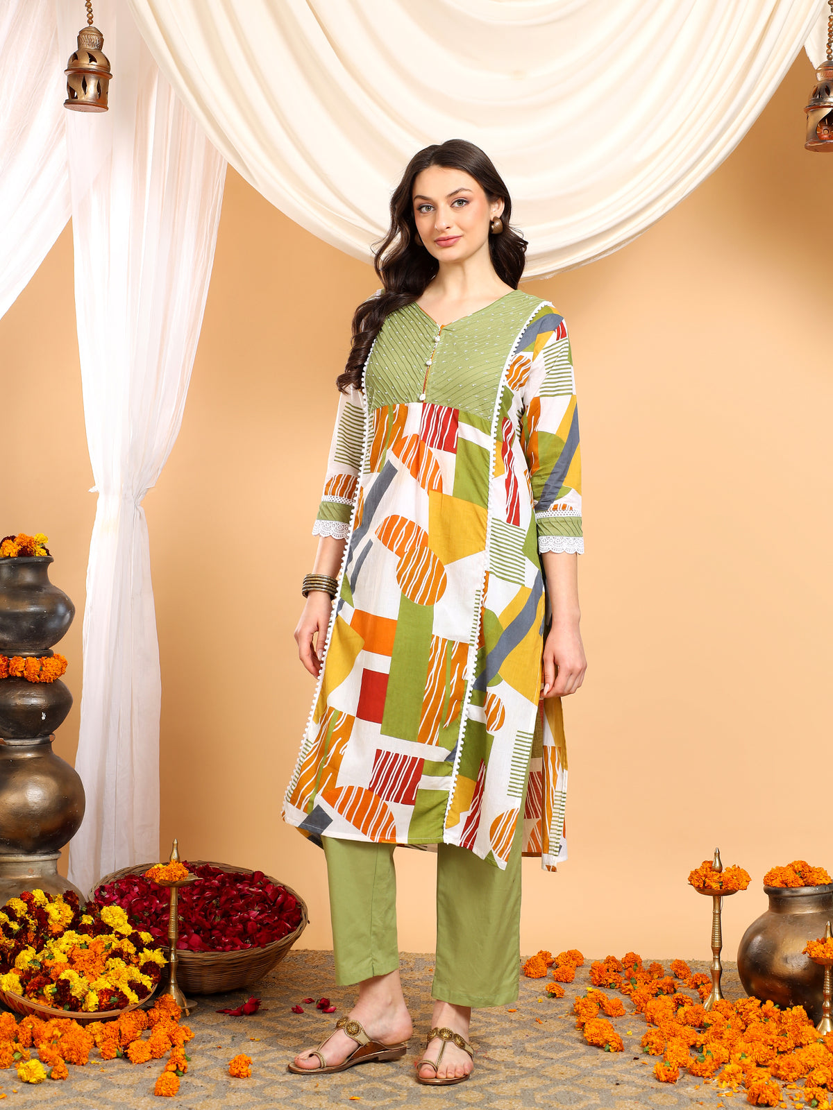 Navya Olive Geometric Fusion Set