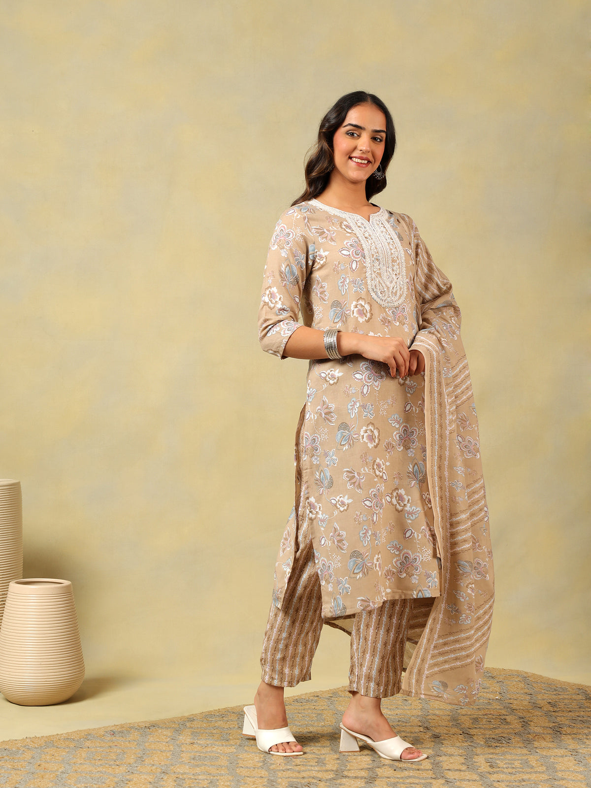 Aradhya Taupe Floral Suit Set
