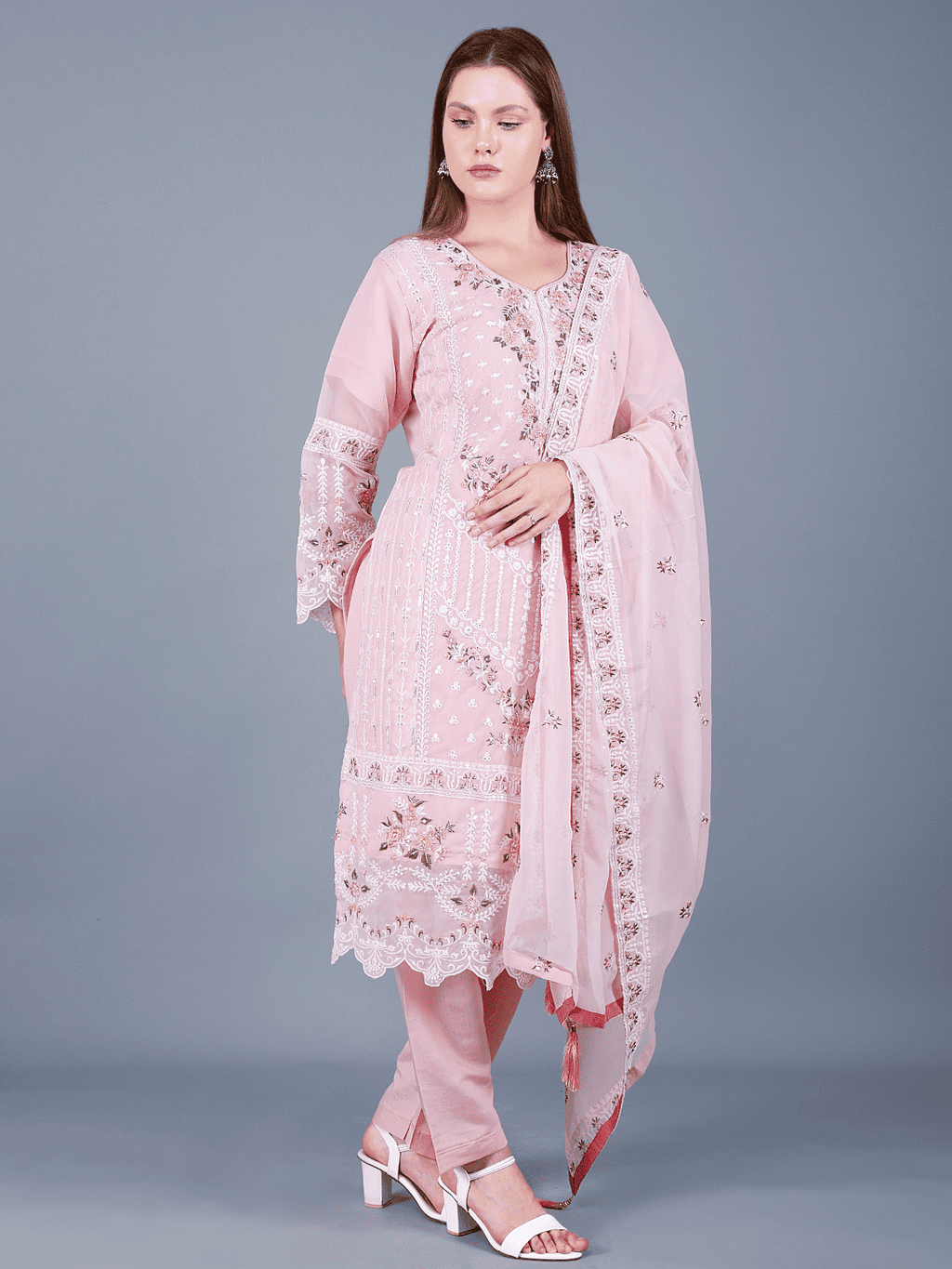 Pink Rose Embroidered Kurta Pant Set