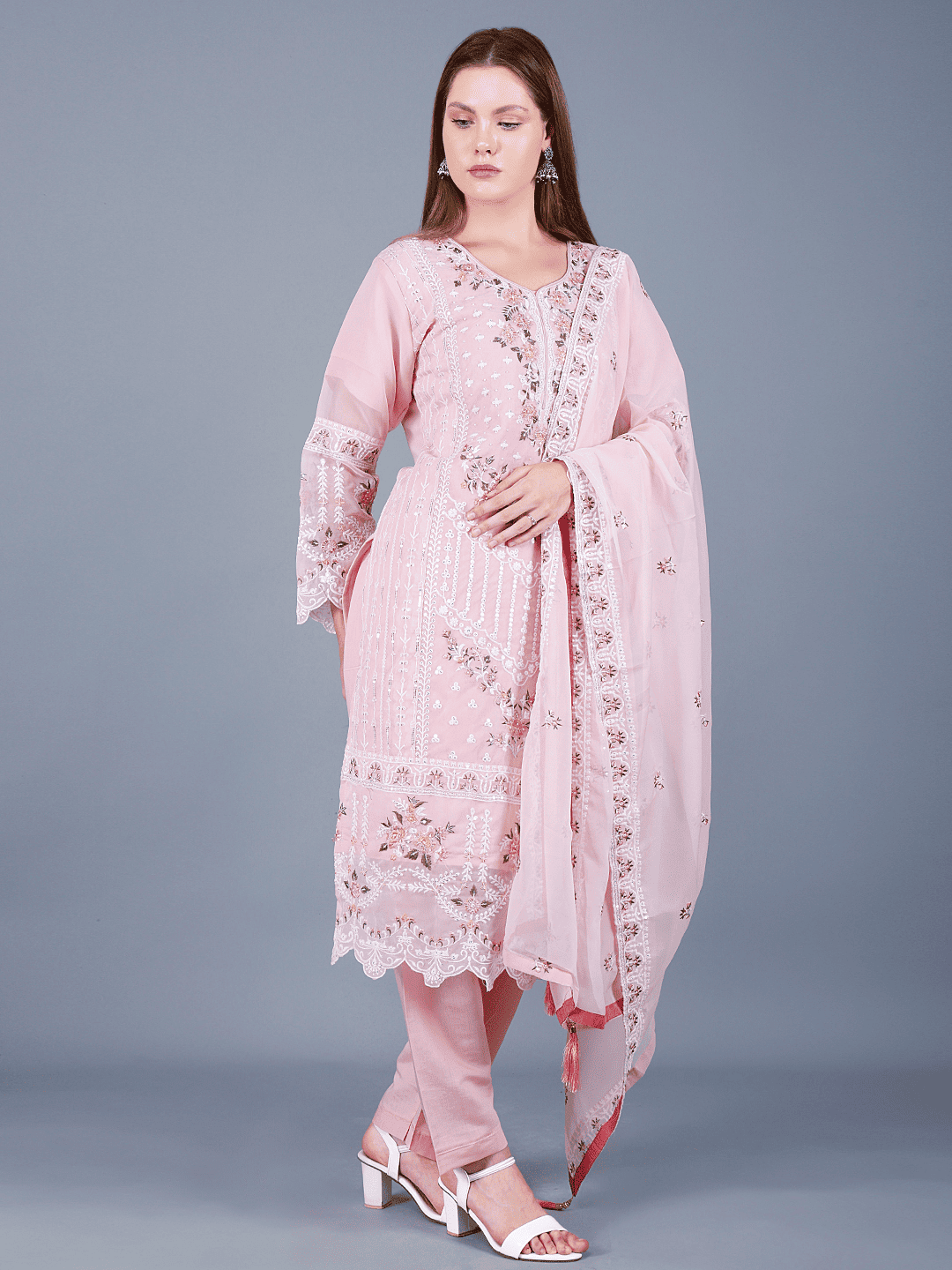 Pink Rose Embroidered Kurta Pant Set
