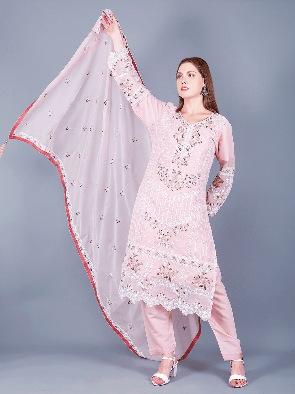 Pink Rose Embroidered Kurta Pant Set