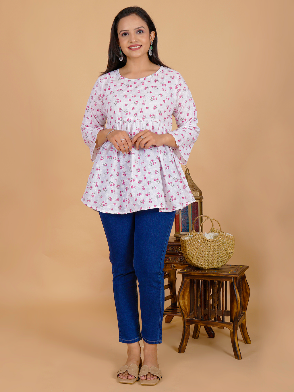 Sufiana Short White Maroon Floral Frock