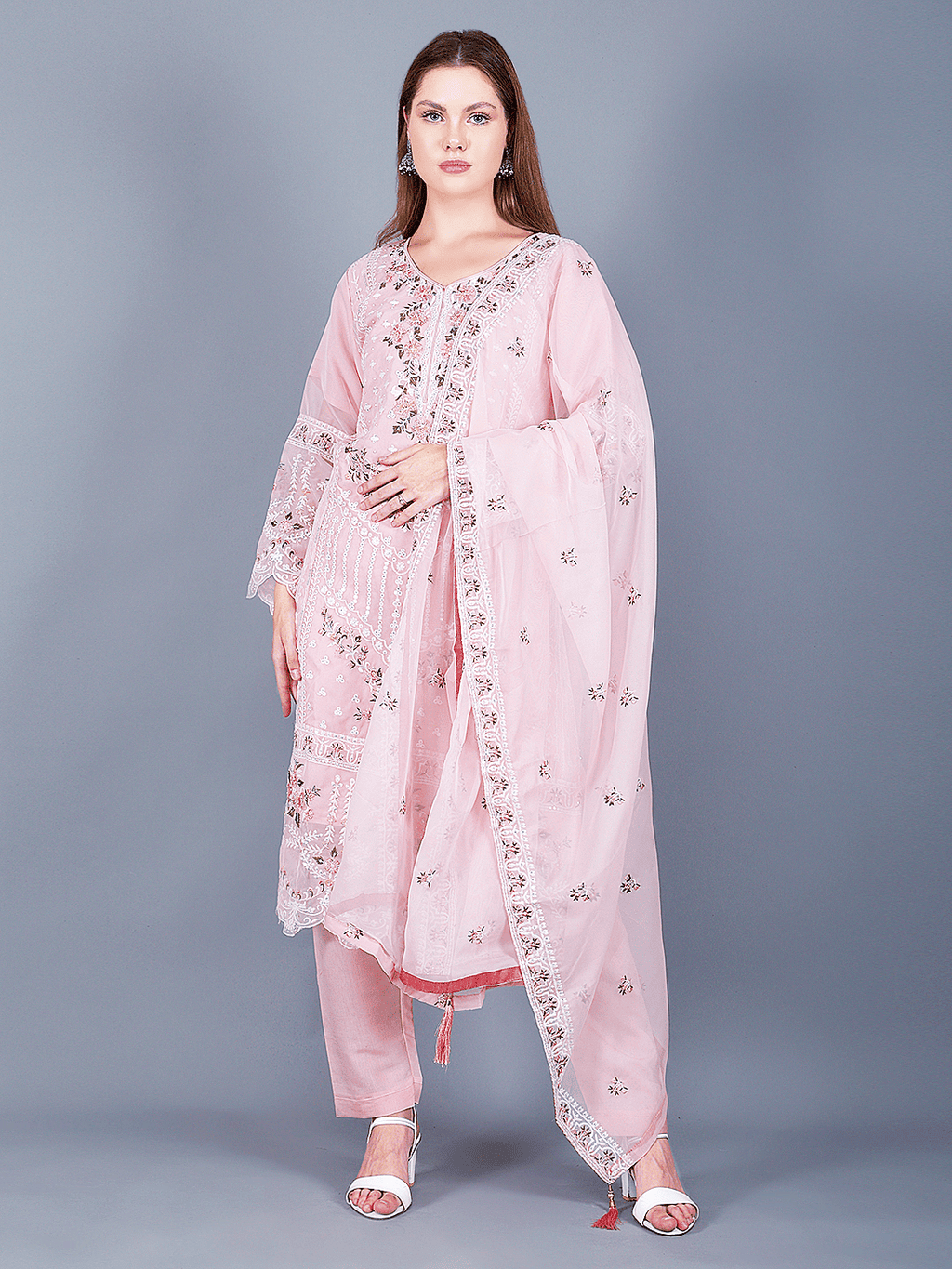 Pink Rose Embroidered Kurta Pant Set