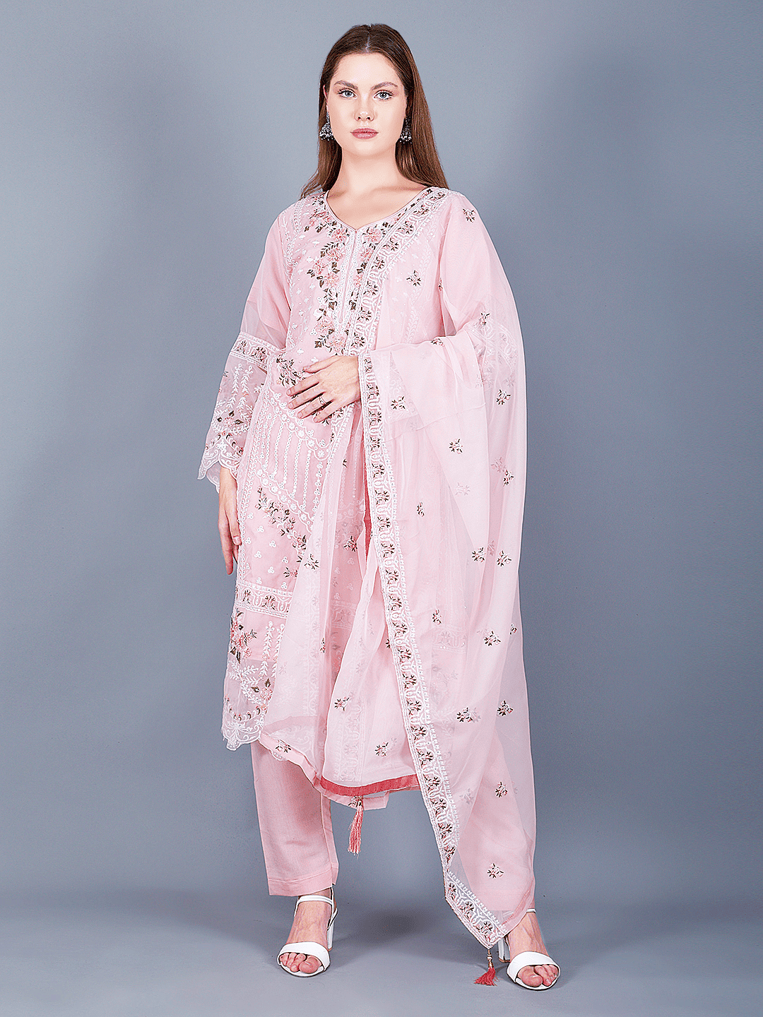 Pink Rose Embroidered Kurta Pant Set